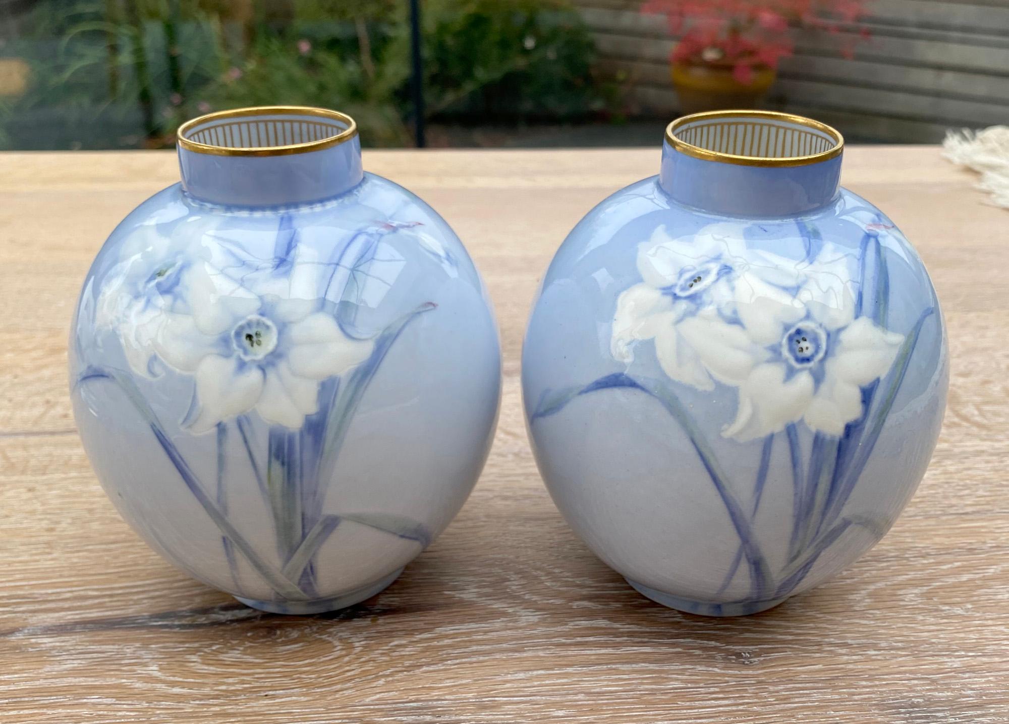 English Doulton Burslem Pair Slip Daffodil Decorated Vases By Jack Price