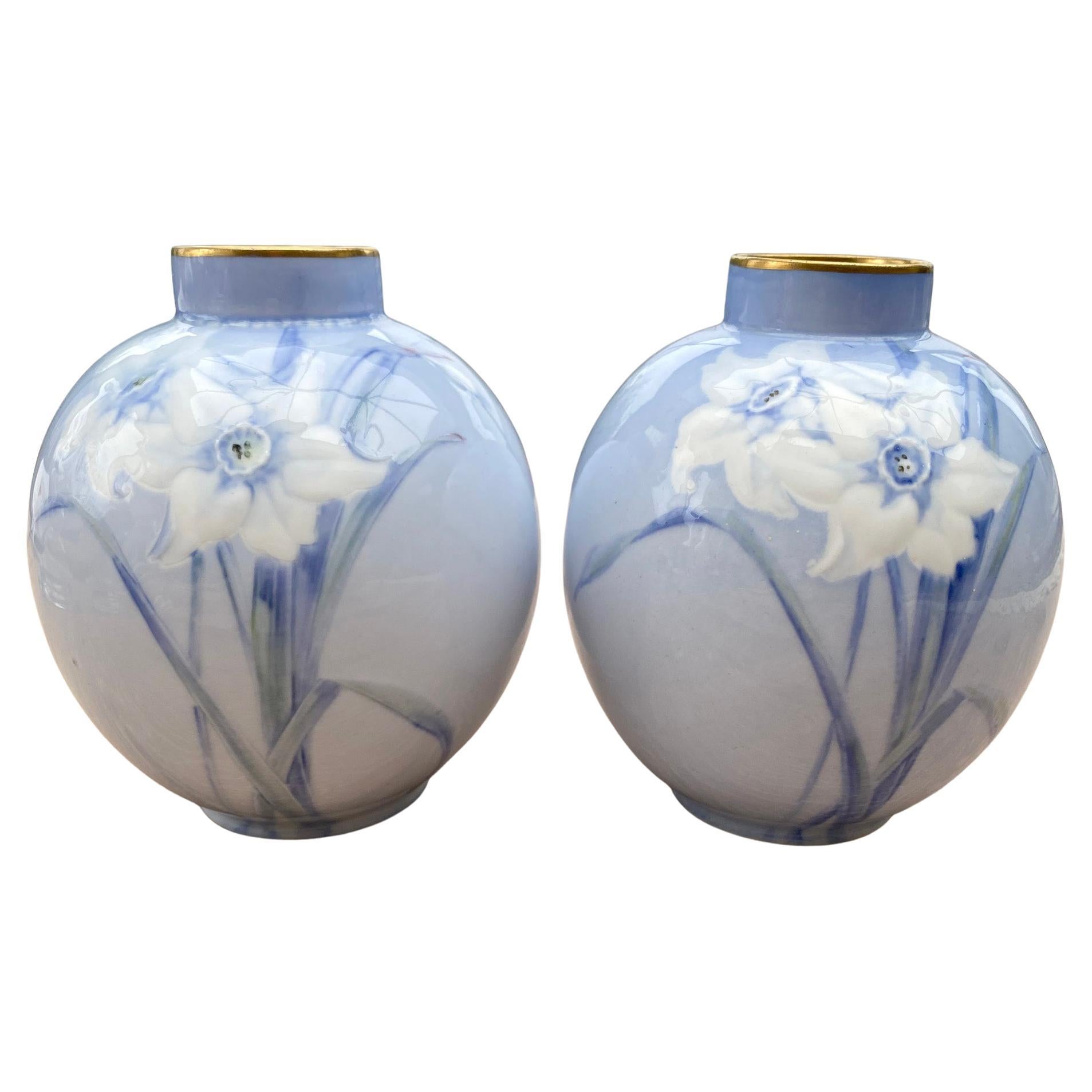 Doulton Burslem Pair Slip Daffodil Decorated Vases By Jack Price