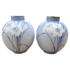 Doulton Burslem Pair Slip Daffodil Decorated Vases By Jack Price