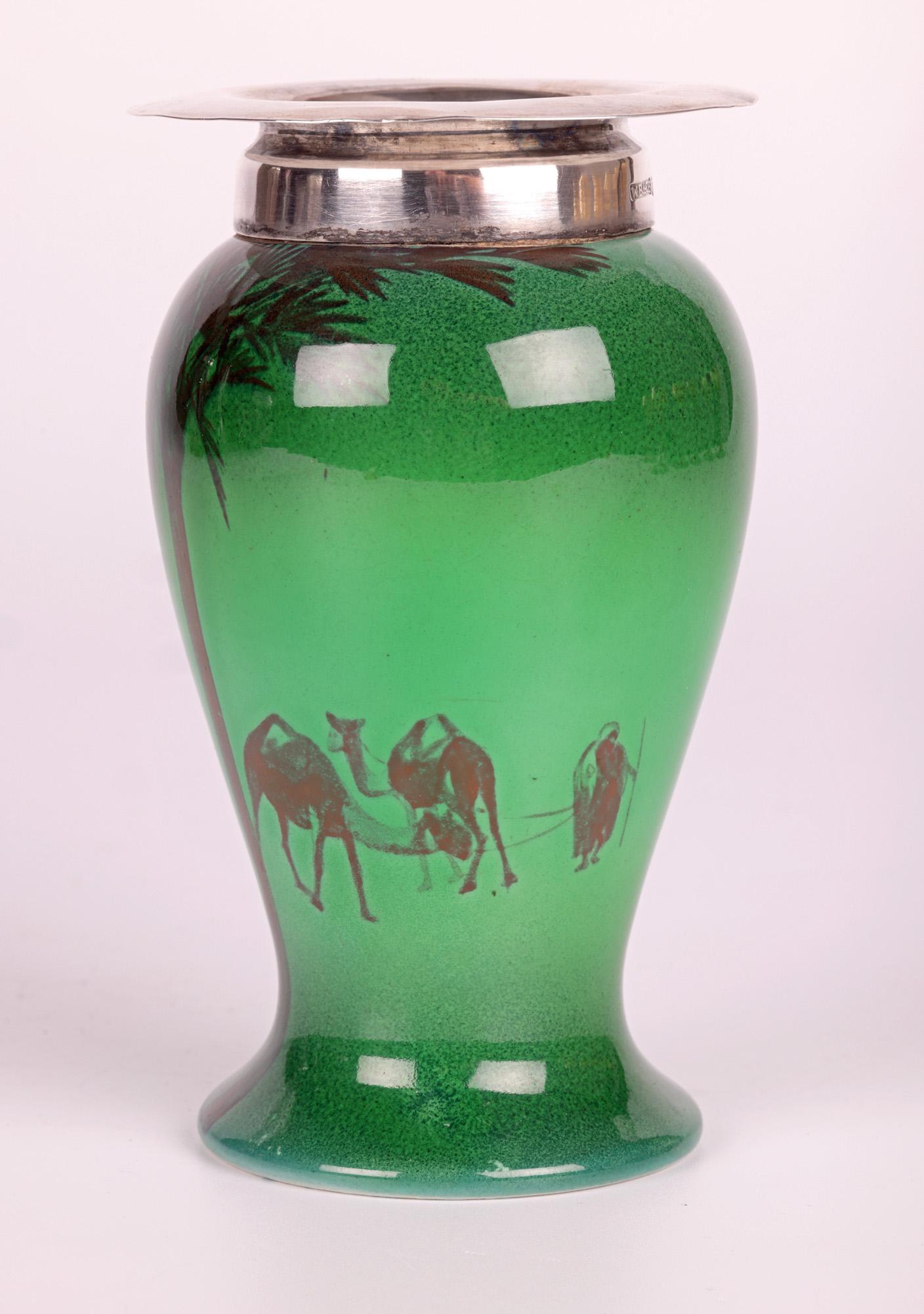 Doulton Burslem Silver Mounted Flambe Green Desert Scene Series Ware Vase For Sale 2