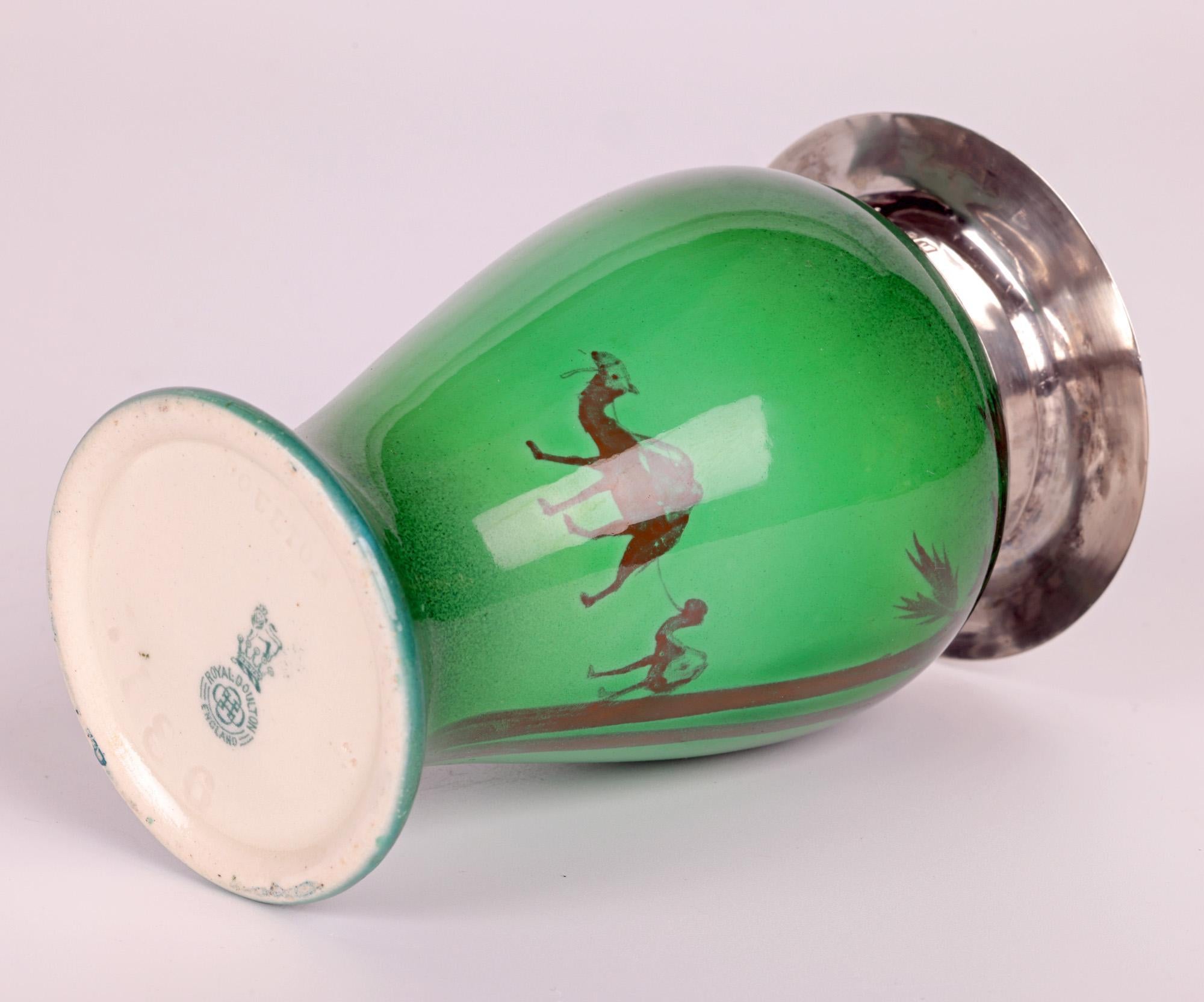 Doulton Burslem Silver Mounted Flambe Green Desert Scene Series Ware Vase For Sale 3