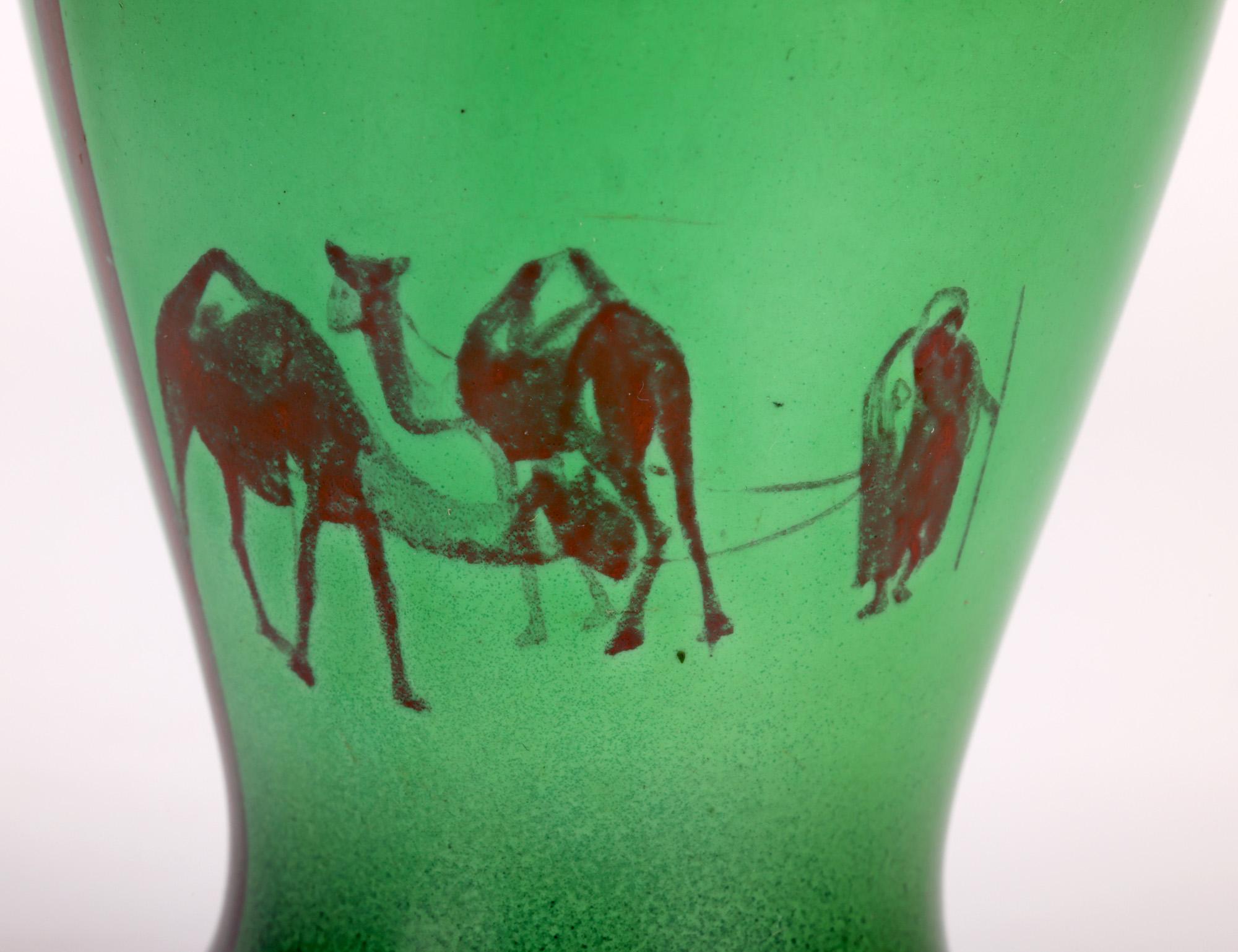 Art Nouveau Doulton Burslem Silver Mounted Flambe Green Desert Scene Series Ware Vase For Sale