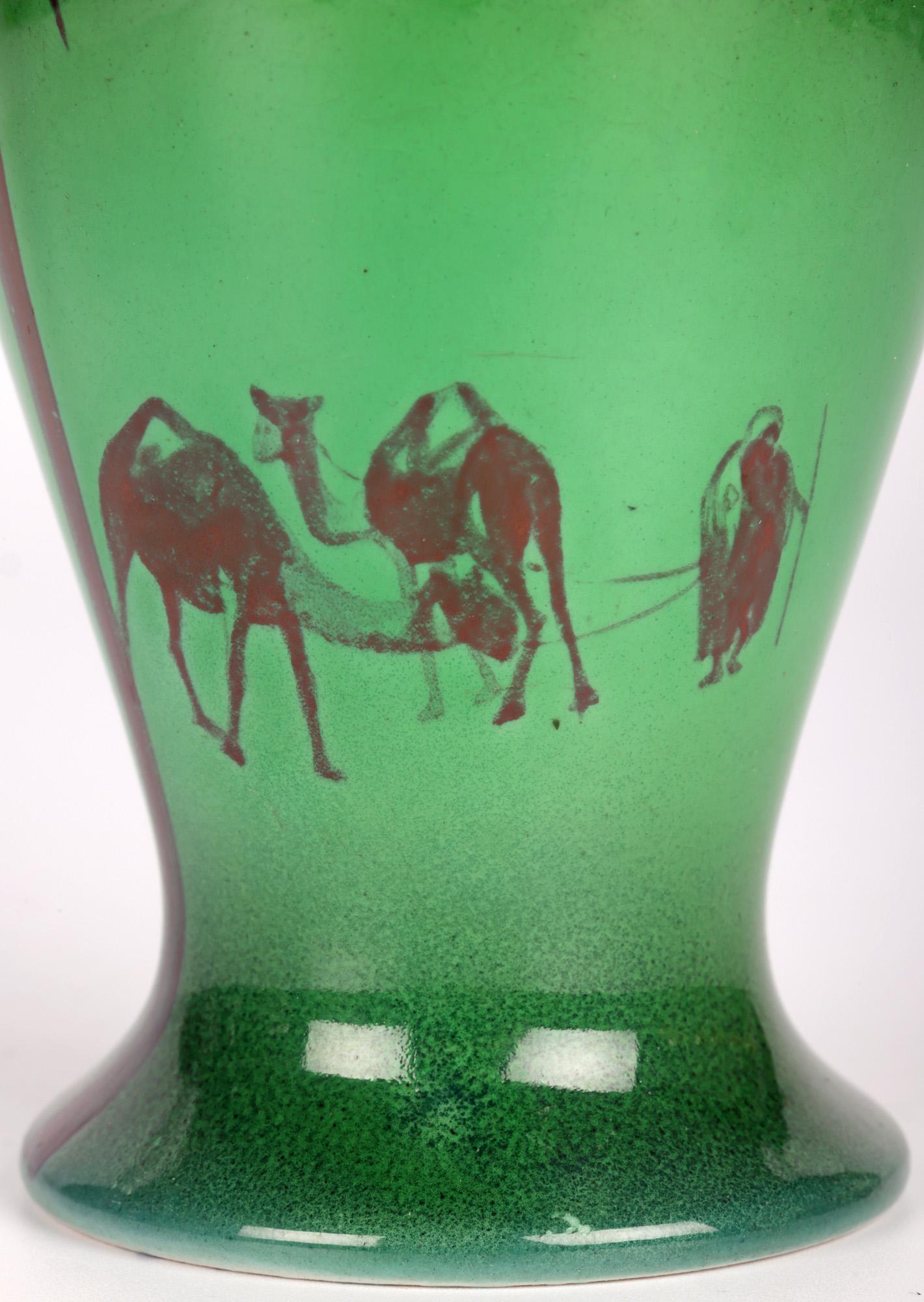 English Doulton Burslem Silver Mounted Flambe Green Desert Scene Series Ware Vase For Sale
