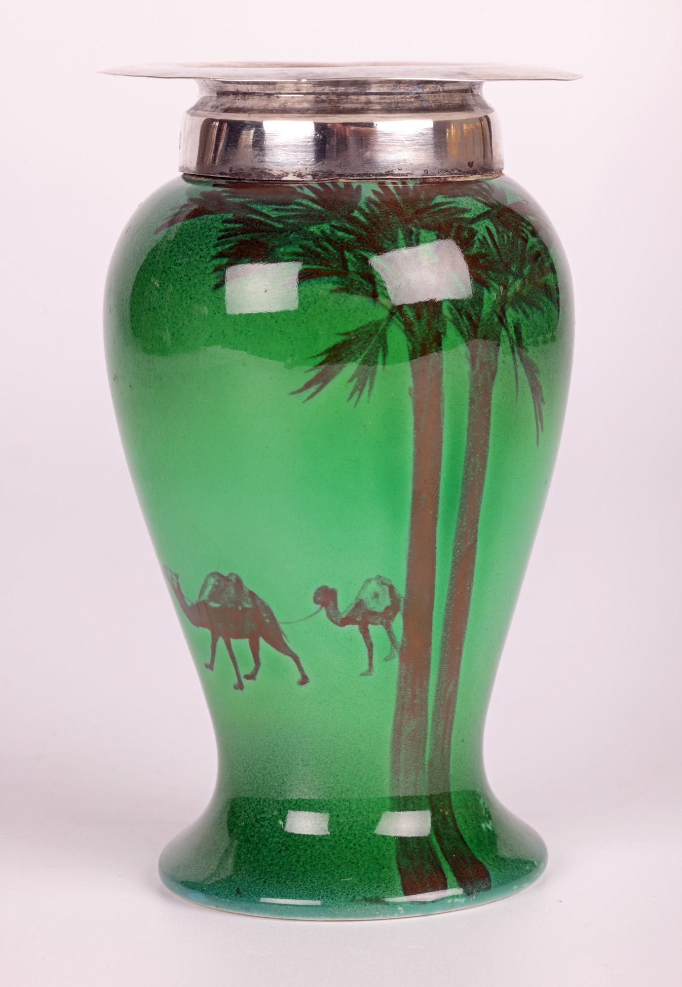 Hand-Crafted Doulton Burslem Silver Mounted Flambe Green Desert Scene Series Ware Vase For Sale