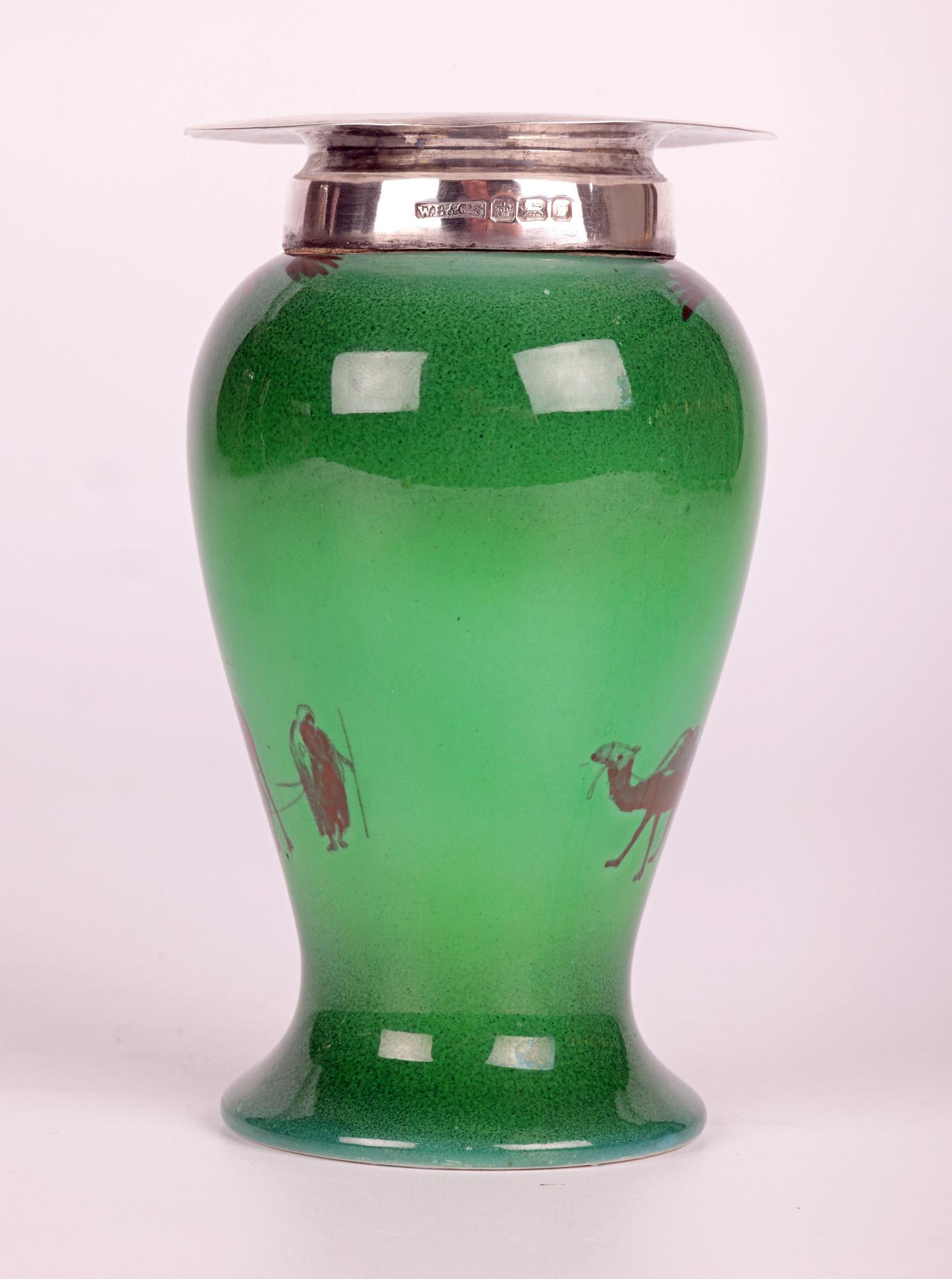 Early 20th Century Doulton Burslem Silver Mounted Flambe Green Desert Scene Series Ware Vase For Sale