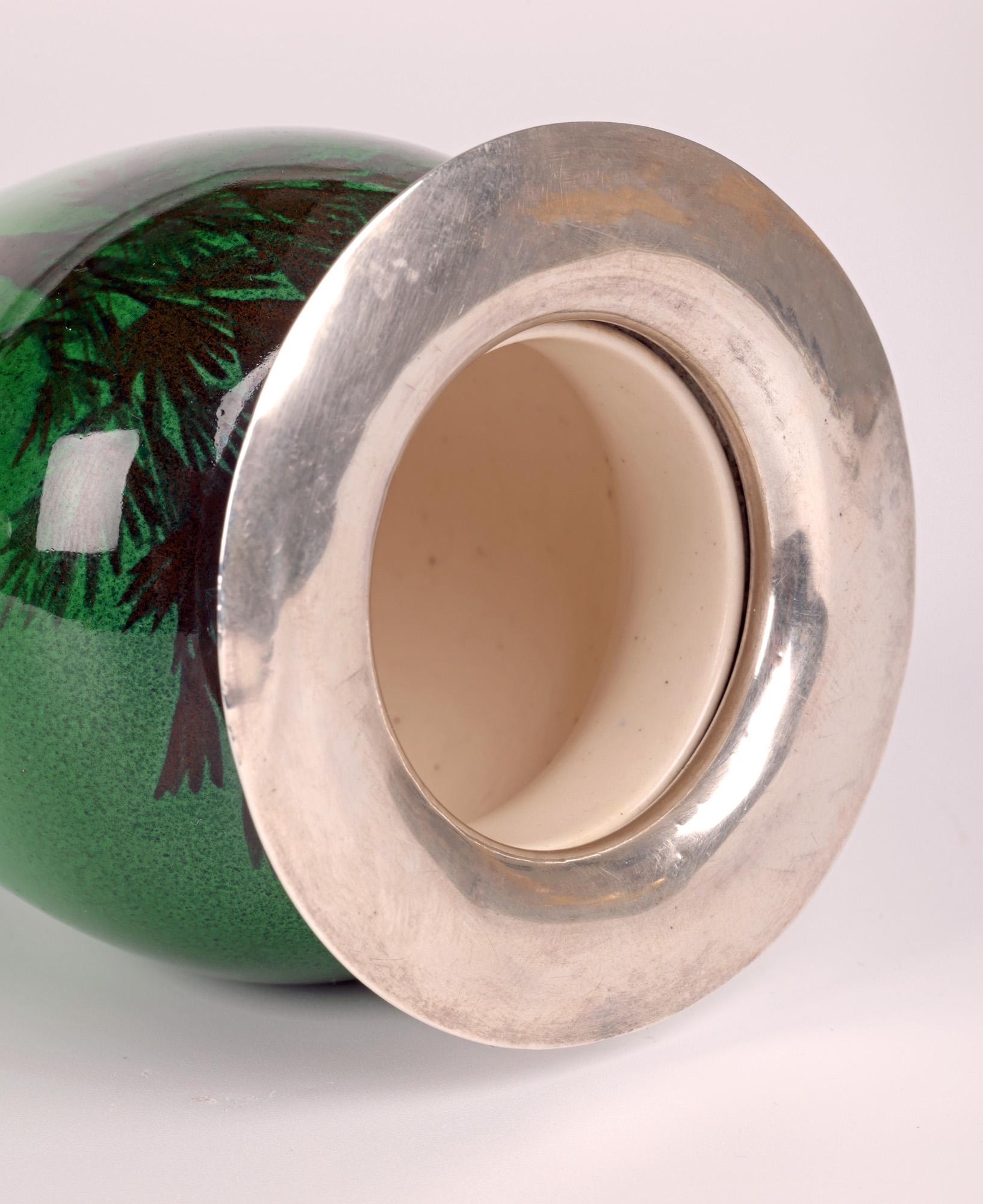 Ceramic Doulton Burslem Silver Mounted Flambe Green Desert Scene Series Ware Vase For Sale