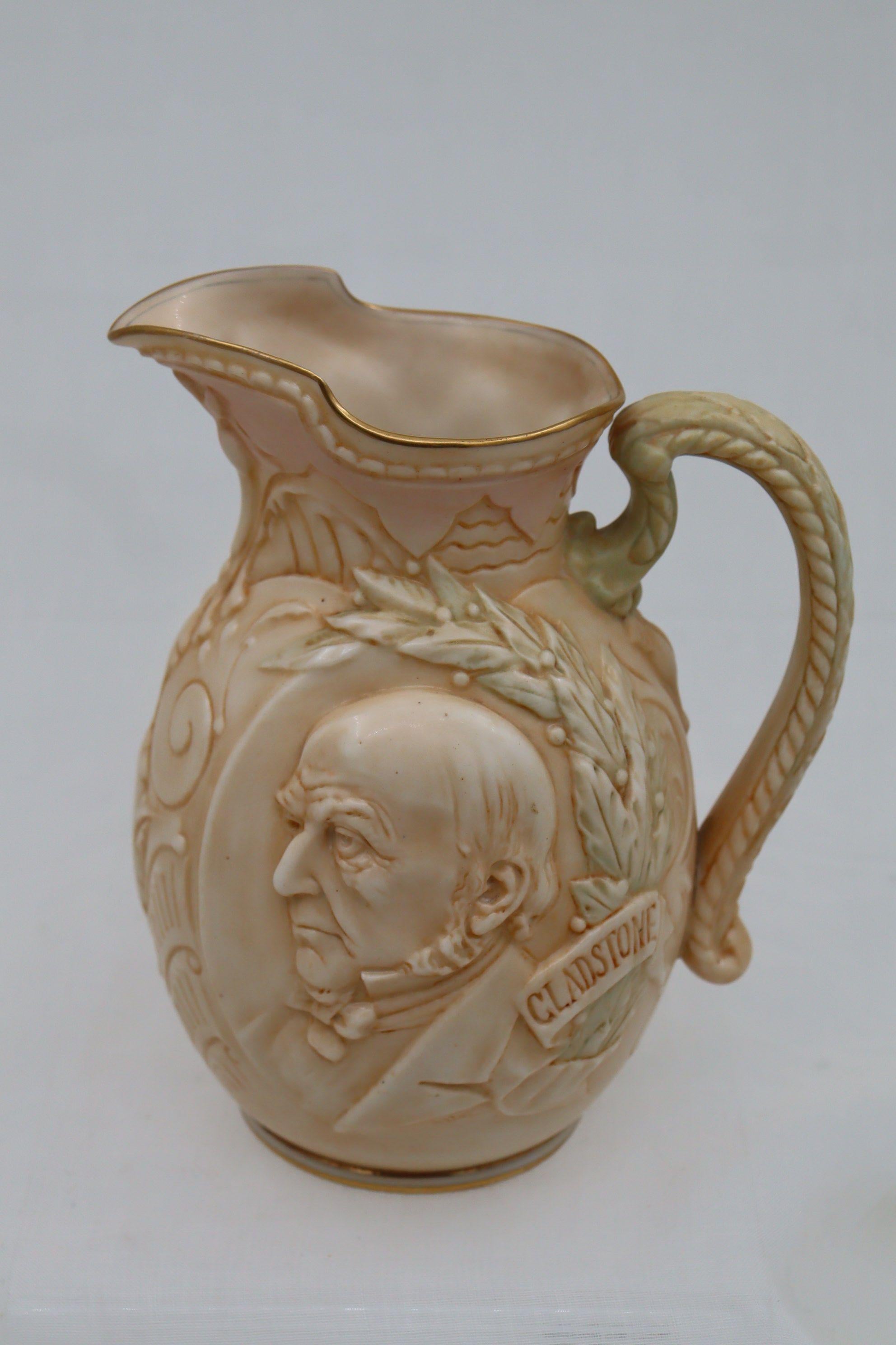 This Doulton Burslem jug was issued in 1898 to commemorate the death of William Ewart Gladstone (1809-1898). Gladstone was an English politician who served as a minister and Chancellor of the Exchequer in several governments, and was Prime Minister