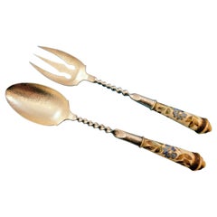 Doulton by Shreve Sterling Silver Salad Serving Set with Enamel and Porcelain