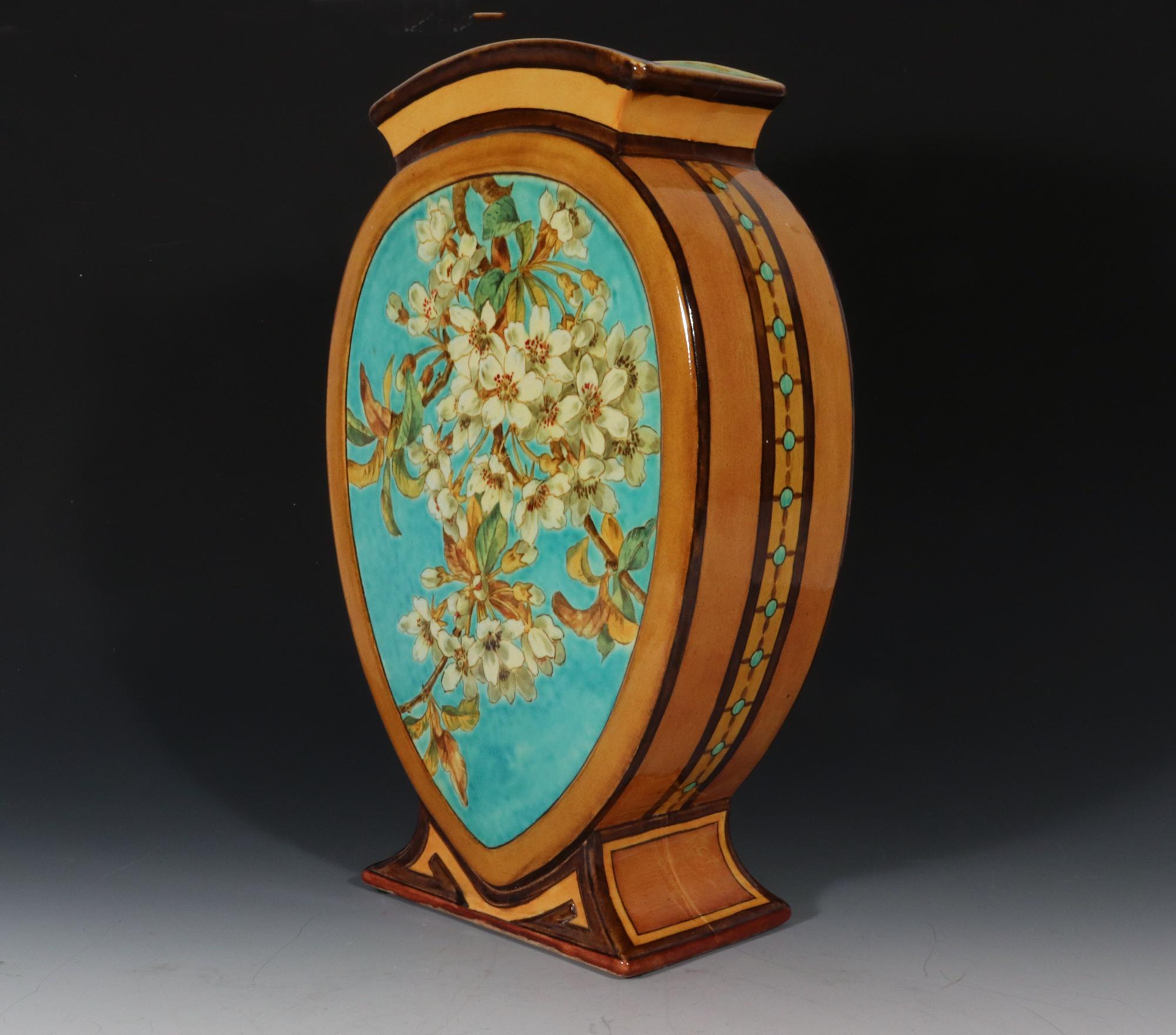 Victorian Doulton Faience Shaped Botanical Pottery Vase Signed by Artist Mary M Arding For Sale