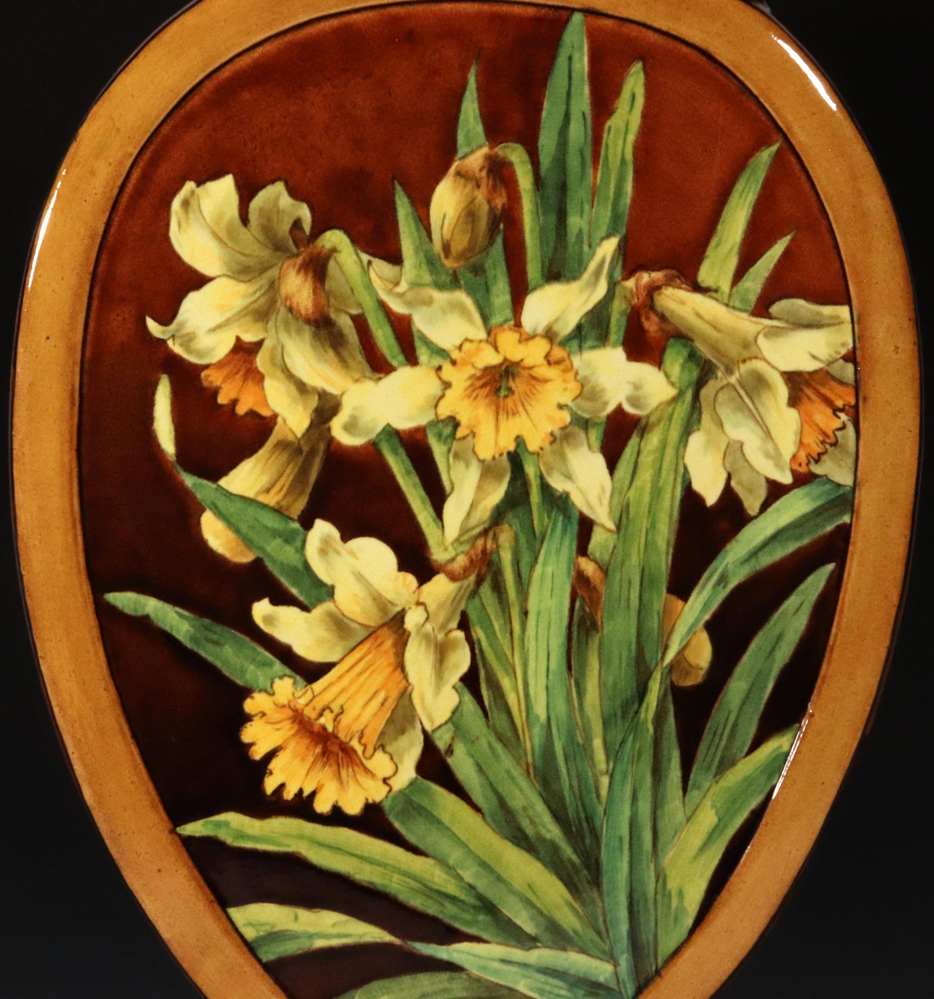 Doulton Faience Shaped Botanical Pottery Vase Signed by Artist Mary M Arding In Good Condition For Sale In Downingtown, PA