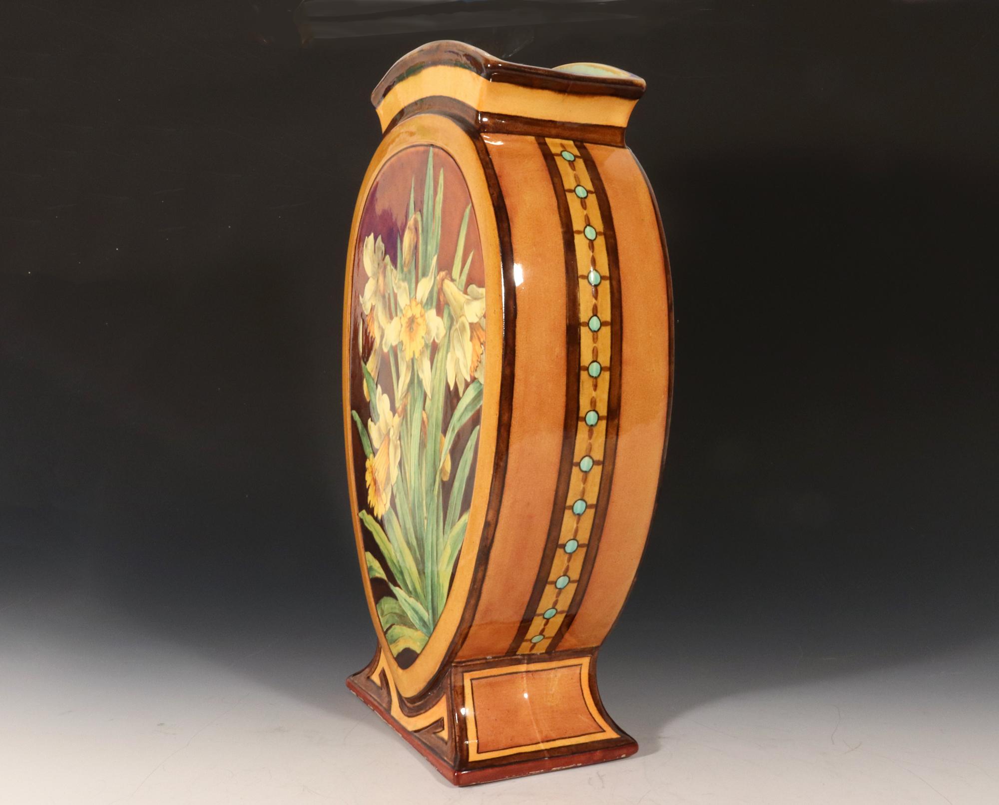 Late 19th Century Doulton Faience Shaped Botanical Pottery Vase Signed by Artist Mary M Arding For Sale