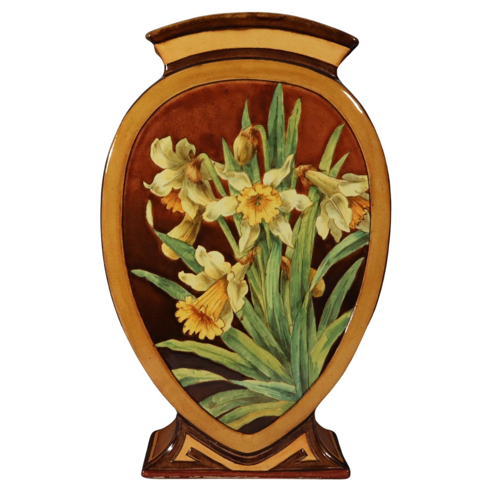 Doulton Faience Shaped Botanical Pottery Vase Signed by Artist Mary M Arding For Sale