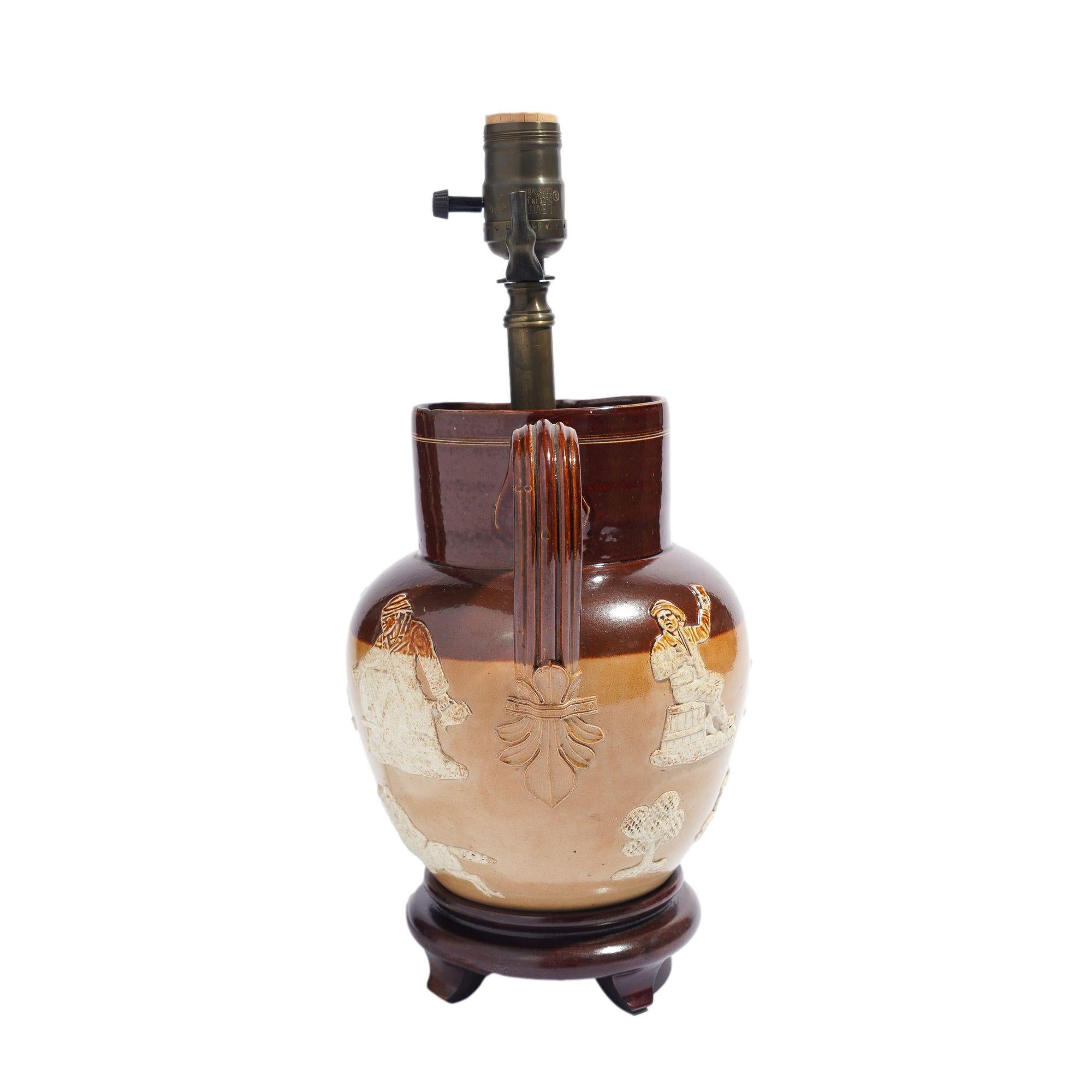 British Doulton glazed stoneware pitcher mounted as a lamp, c. 1900's For Sale