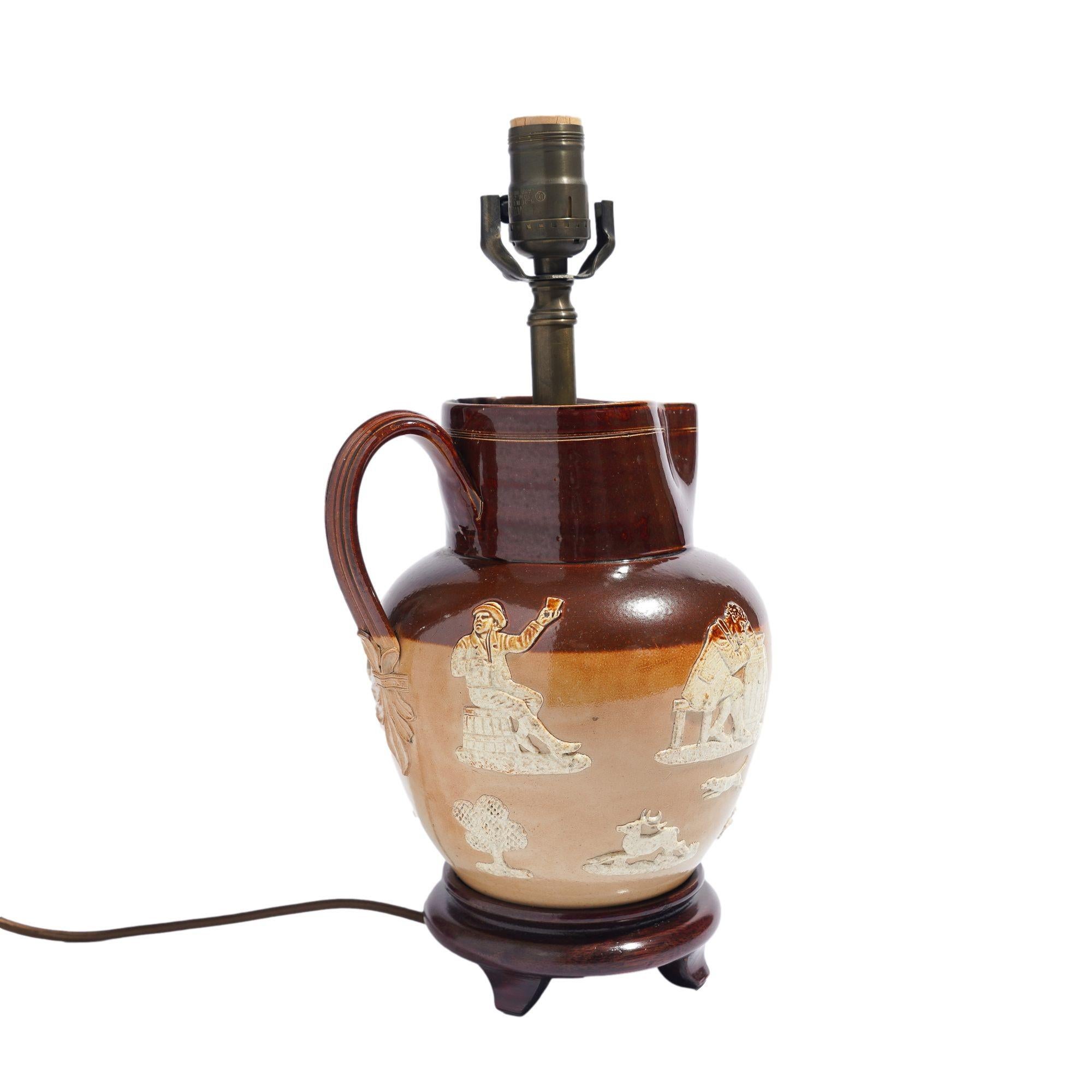 Doulton glazed stoneware pitcher mounted as a lamp, c. 1900's In Good Condition For Sale In Kenilworth, IL
