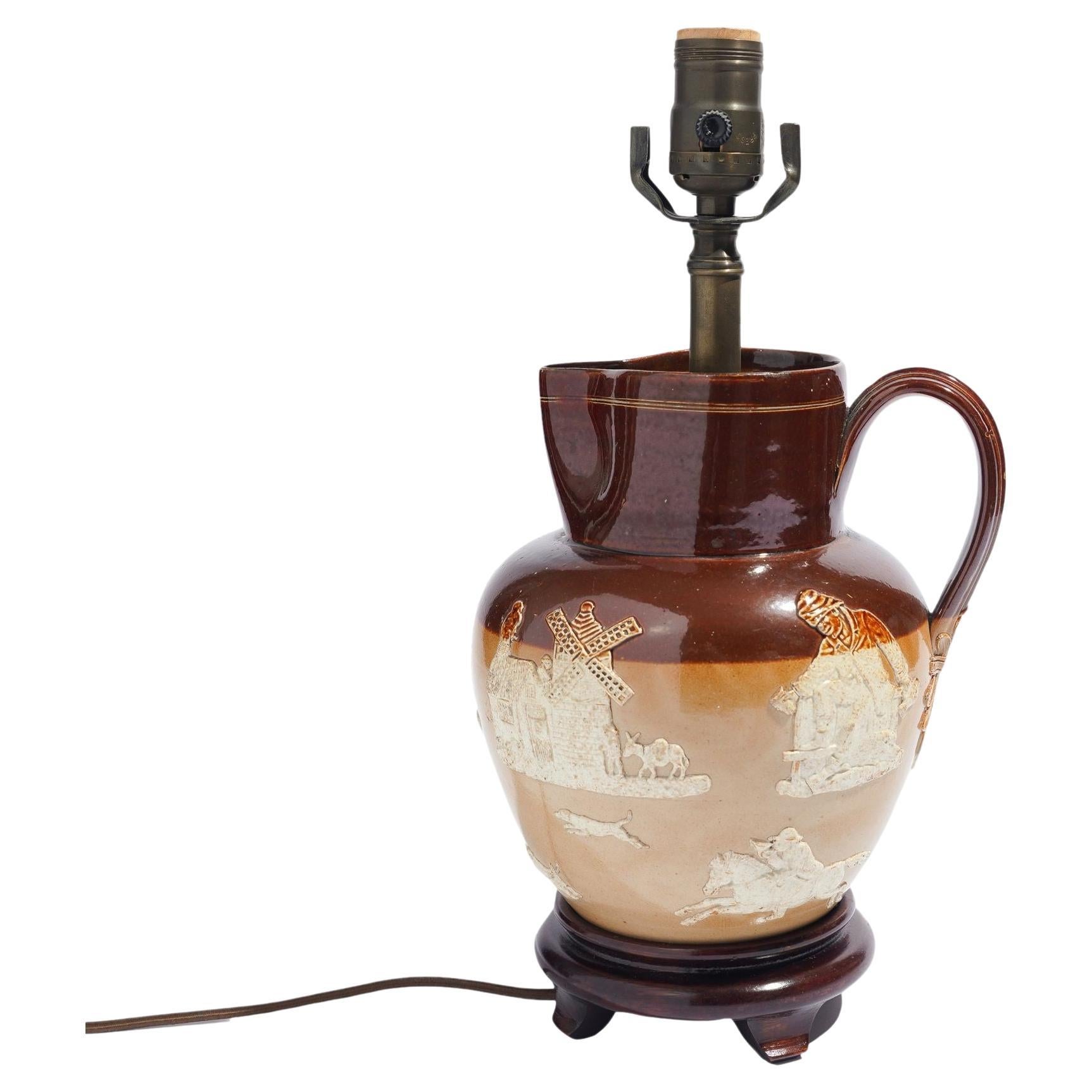 Doulton glazed stoneware pitcher mounted as a lamp, c. 1900's