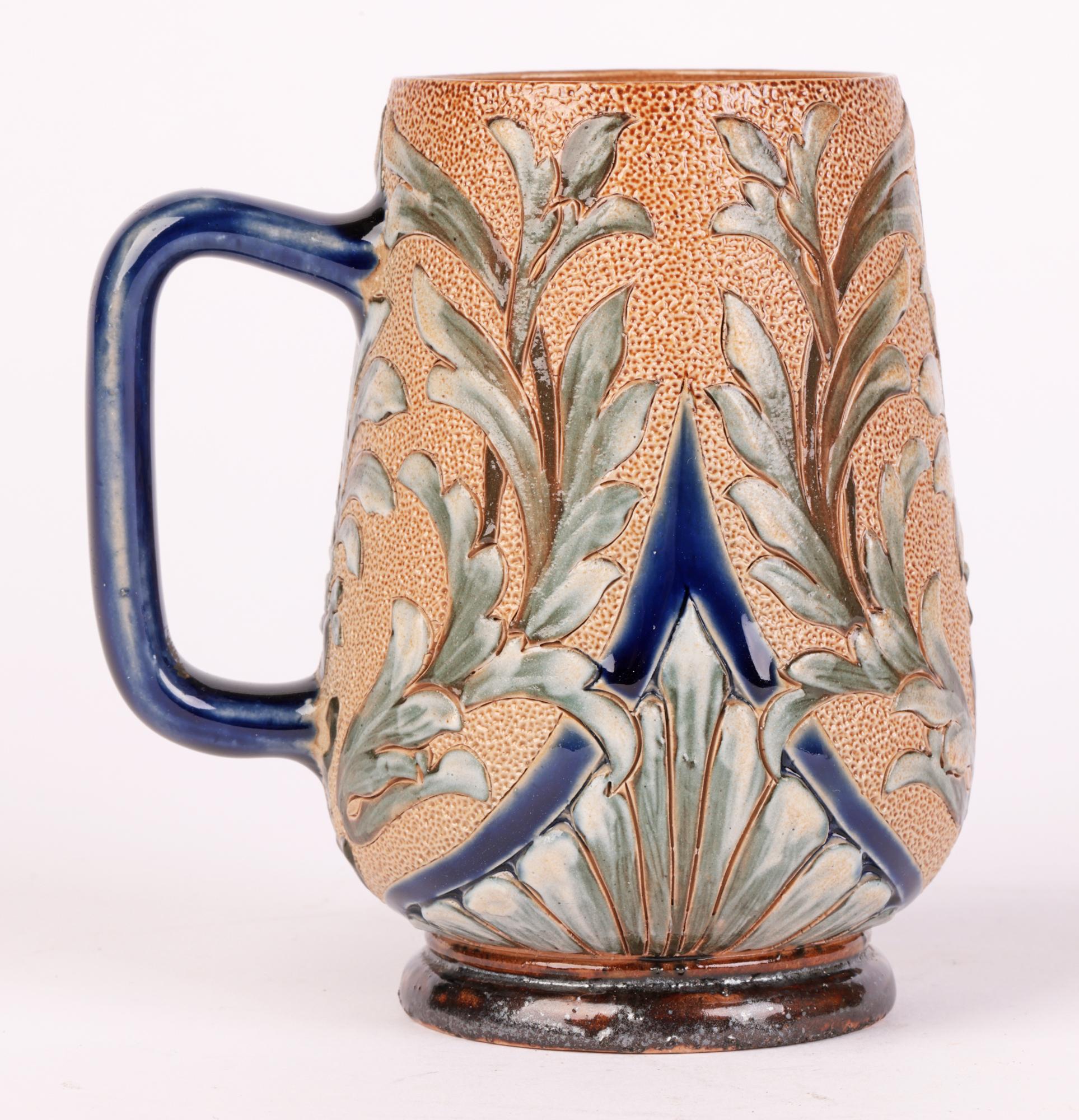 Glazed Doulton Lambeth Aesthetic Movement Slip Decorated Mug by Alice E Budden 1883