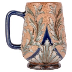 Antique Doulton Lambeth Aesthetic Movement Slip Decorated Mug by Alice E Budden 1883