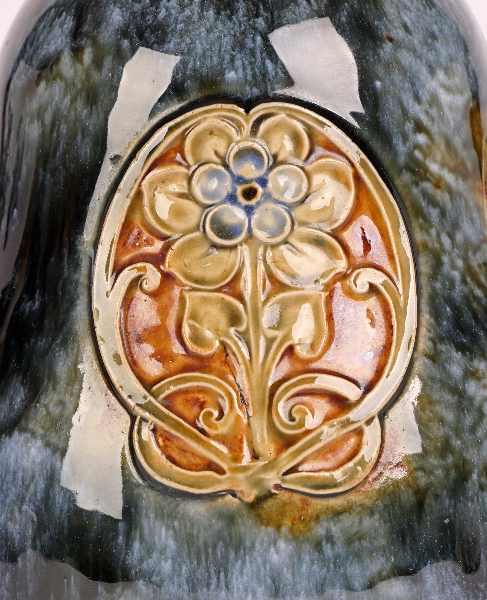 English Doulton Lambeth Art Nouveau Art Pottery Handled Gourd Shaped Flask
