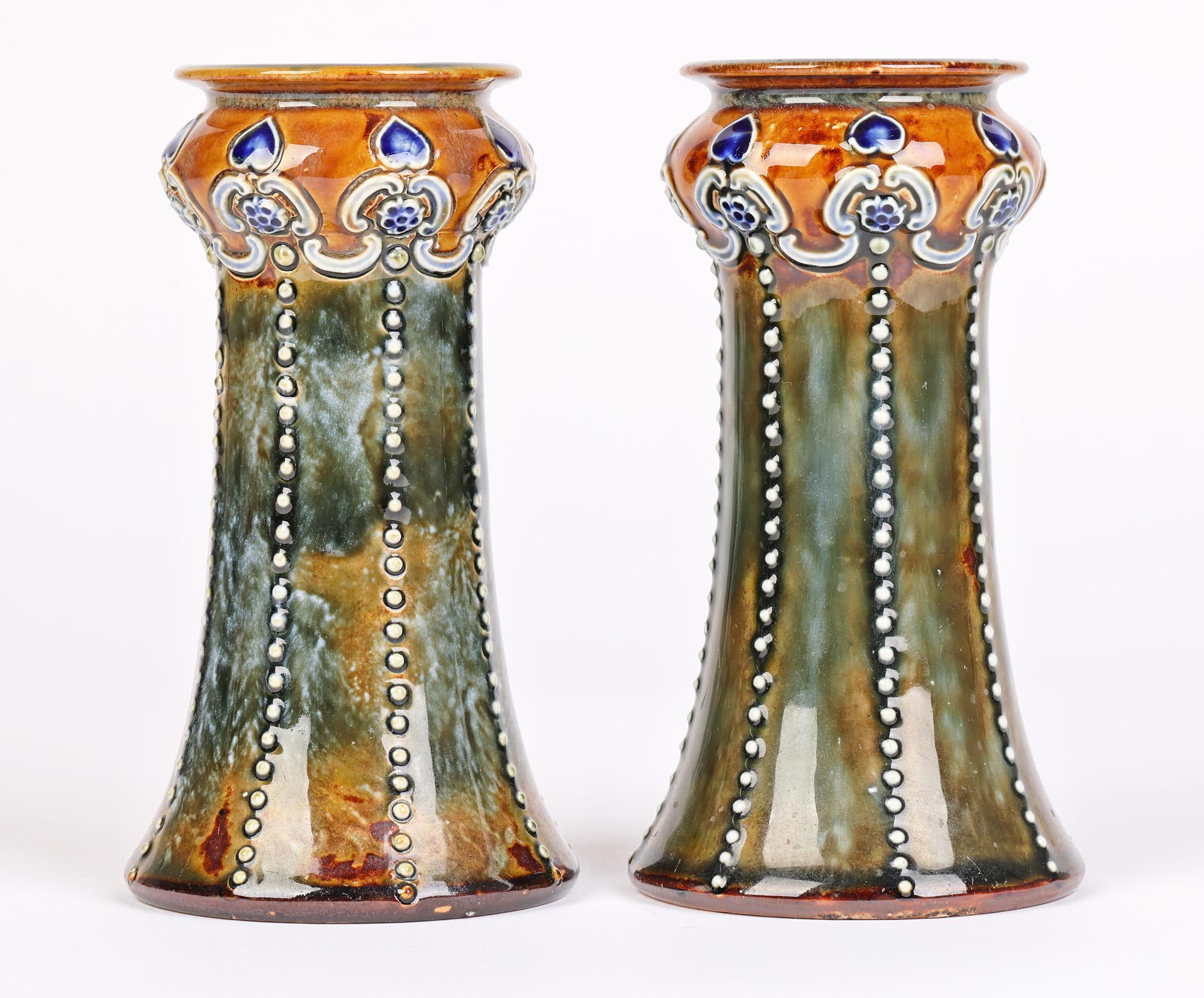 Doulton Lambeth Art Nouveau Pair Vases by Ethel Beard and Rosina Harris In Good Condition In Bishop's Stortford, Hertfordshire
