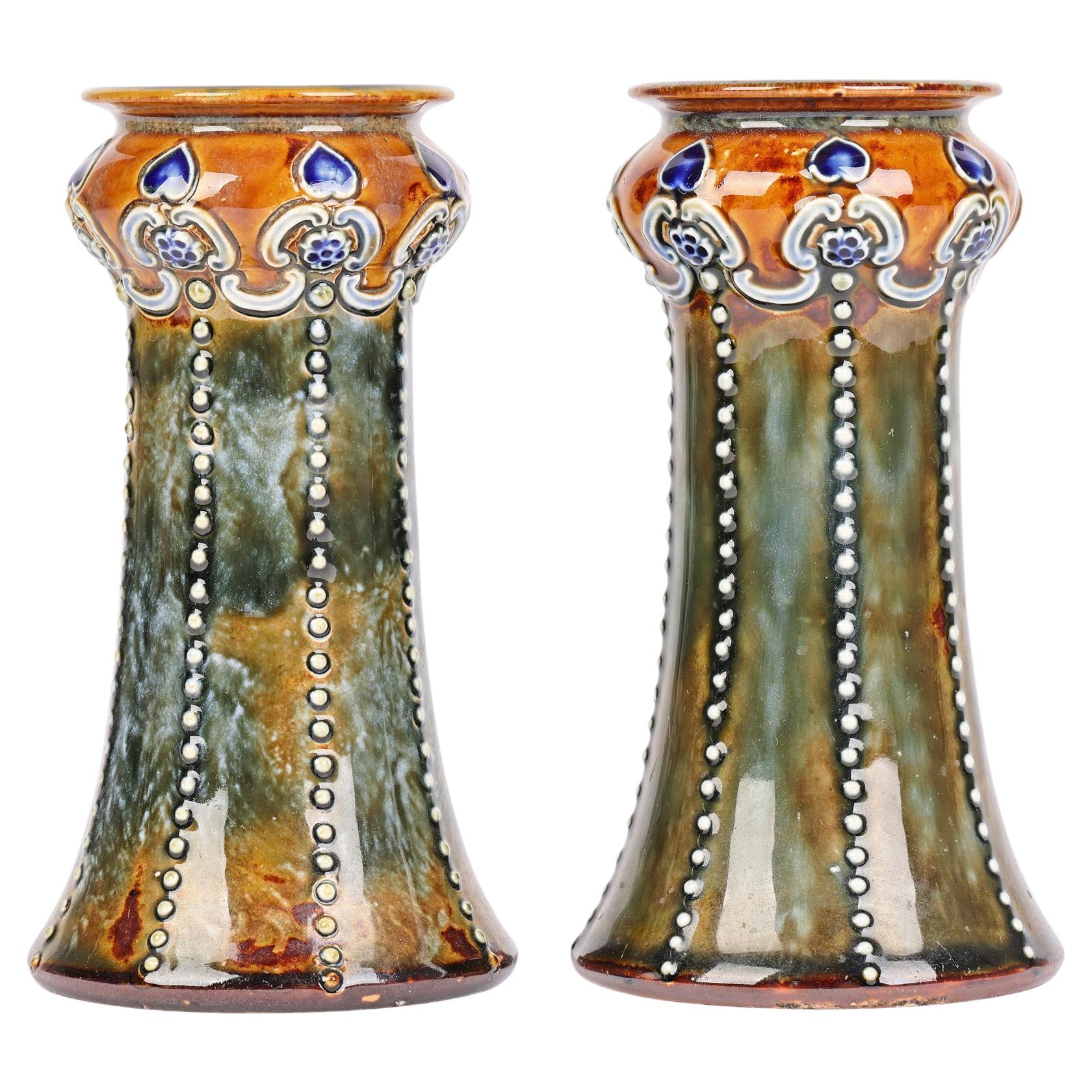 Doulton Lambeth Art Nouveau Pair Vases by Ethel Beard and Rosina Harris