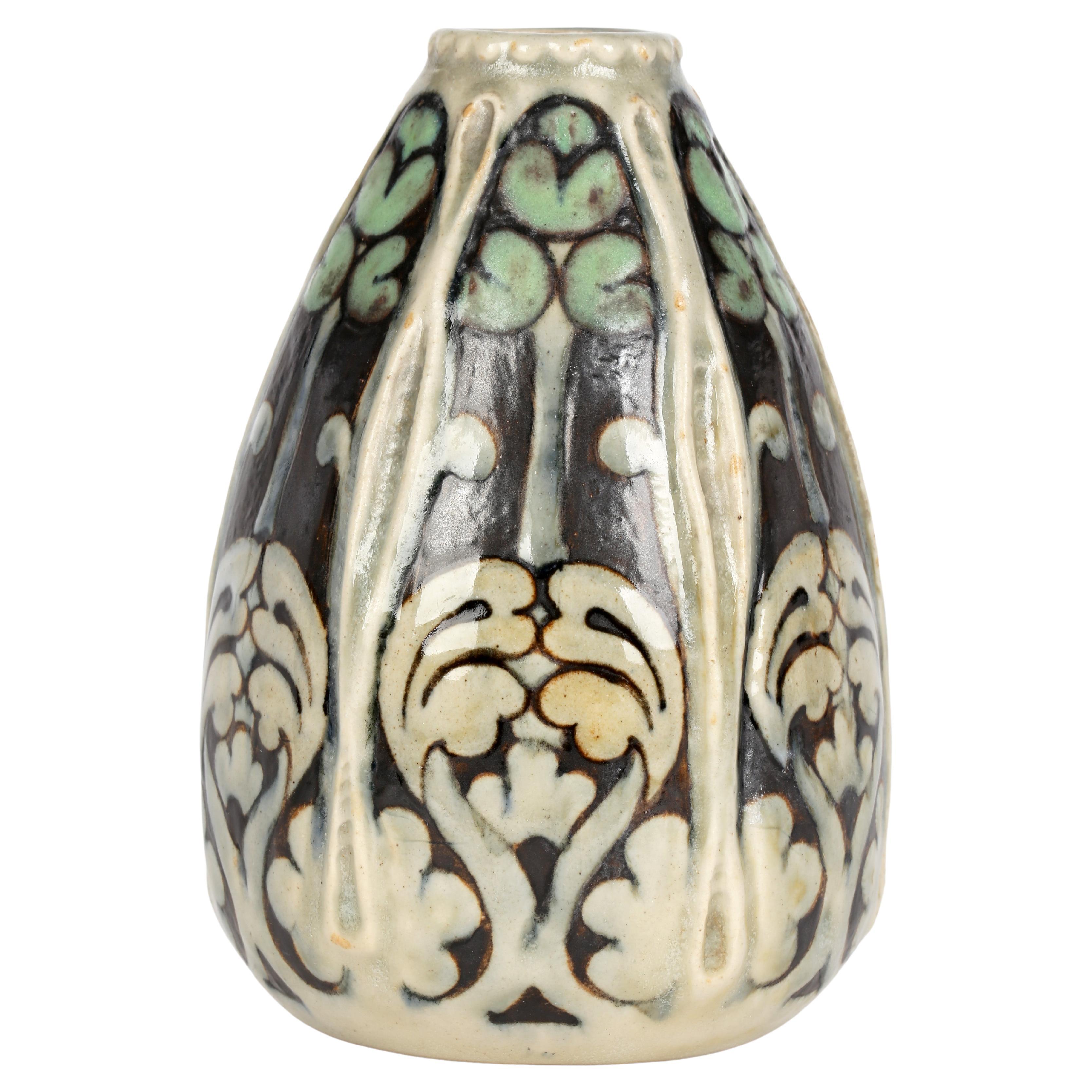 Doulton Lambeth Art Nouveau Stylized Foliage Pottery Vase by Francis Pope