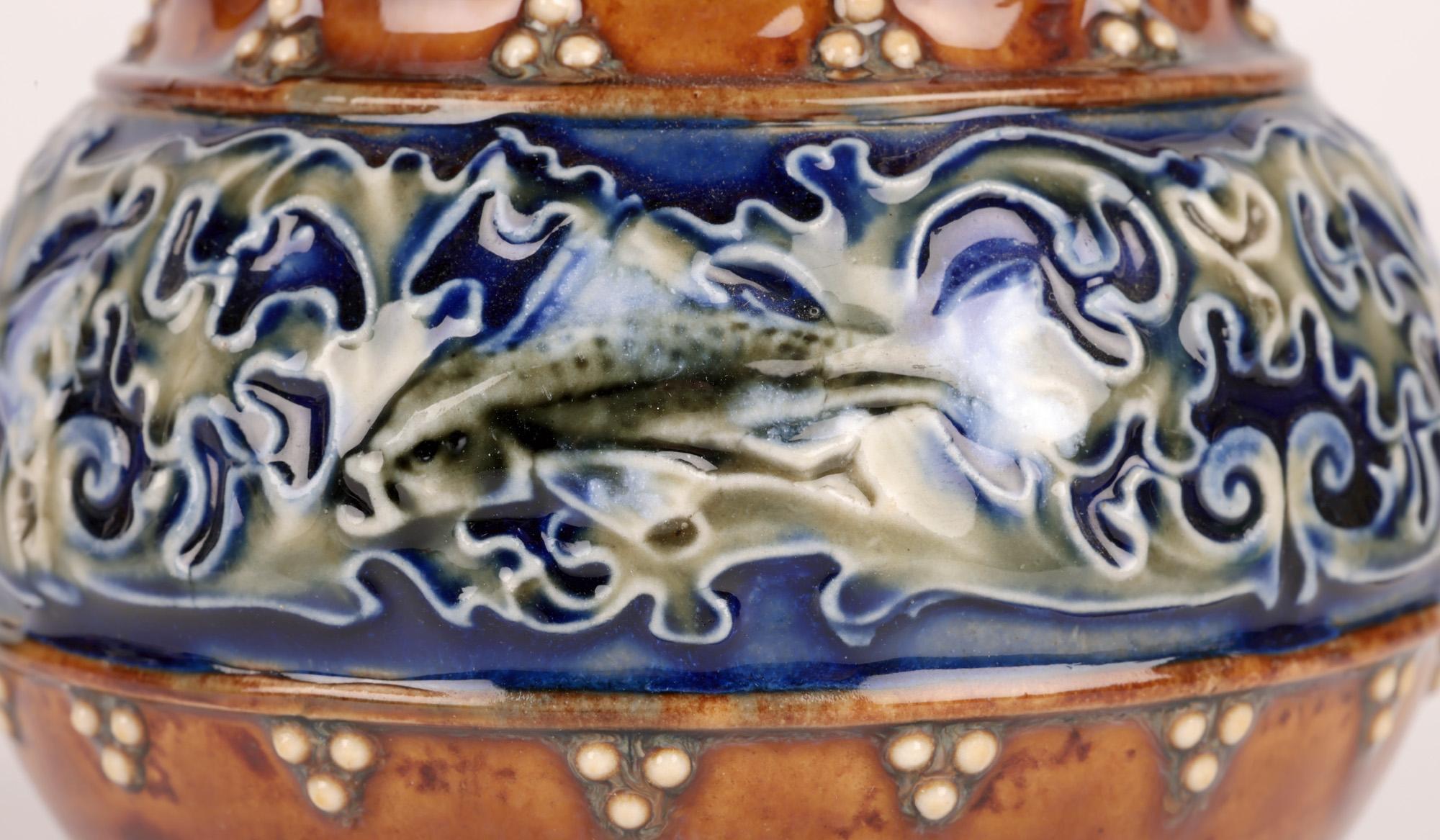 Art Nouveau Doulton Lambeth Art Pottery Vase with Fish by Maud Bowden  For Sale