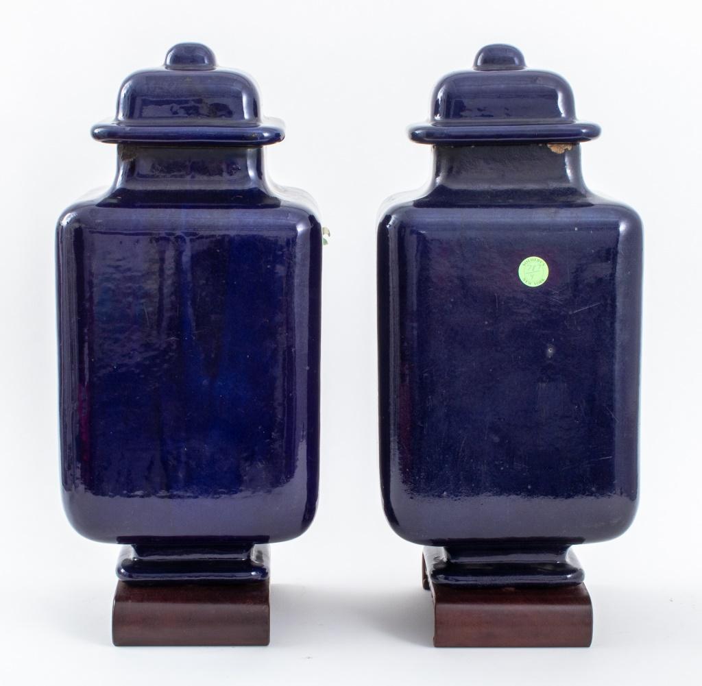 Aesthetic Movement Doulton Lambeth Cobalt Baluster Jars & Stands, Pair