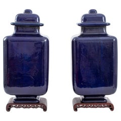 Doulton Lambeth Cobalt Baluster Jars & Stands, Pair