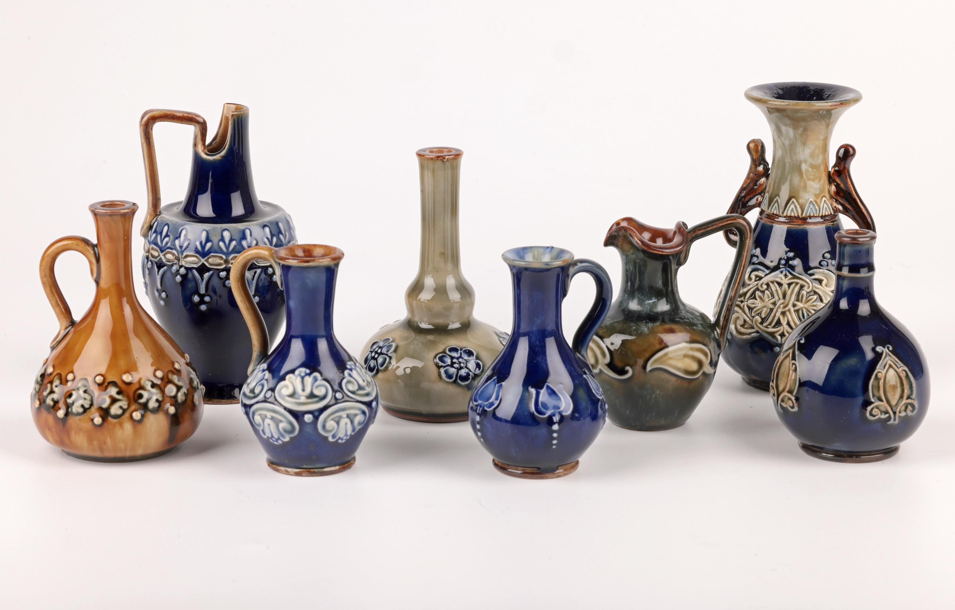 Doulton Lambeth Collection Eight Miniature Vases & Ewers For Sale 2