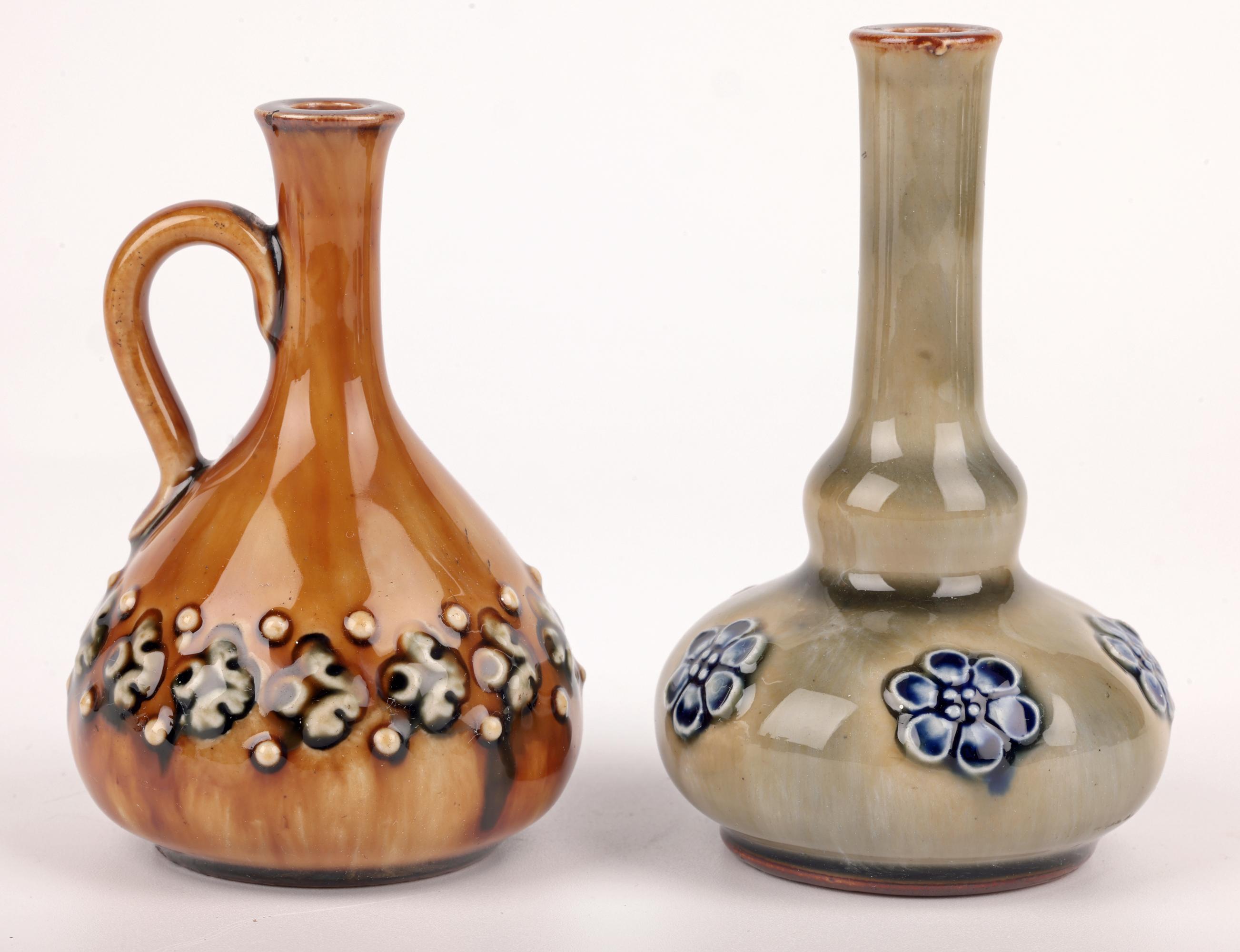 Glazed Doulton Lambeth Collection Eight Miniature Vases & Ewers For Sale