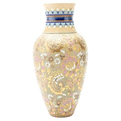 Antique Doulton Lambeth English Stoneware Enamelled Vase 19th Century