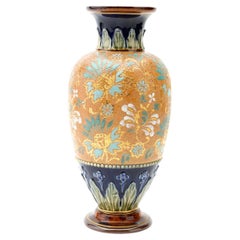 Antique Doulton Lambeth English Stoneware Enamelled Vase 19th Century