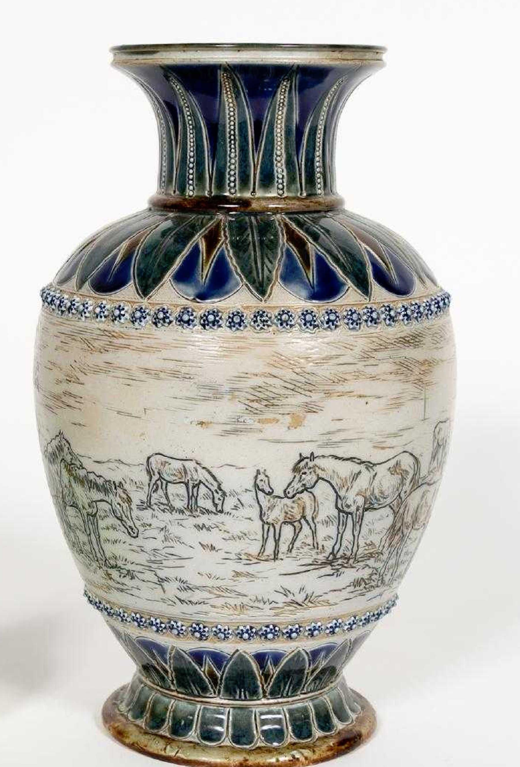 High Victorian Doulton Lambeth Equestrian Vase by Hannah Barlow