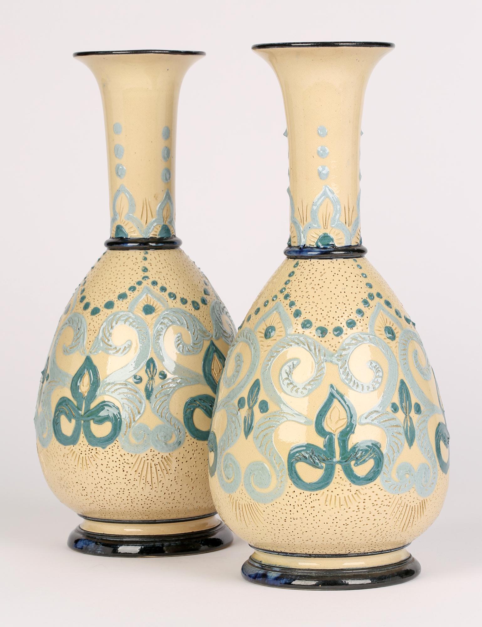 Doulton Lambeth Exceptionally Rare Pair Impasto Arrabian Pattern Vases, 1879 For Sale 1