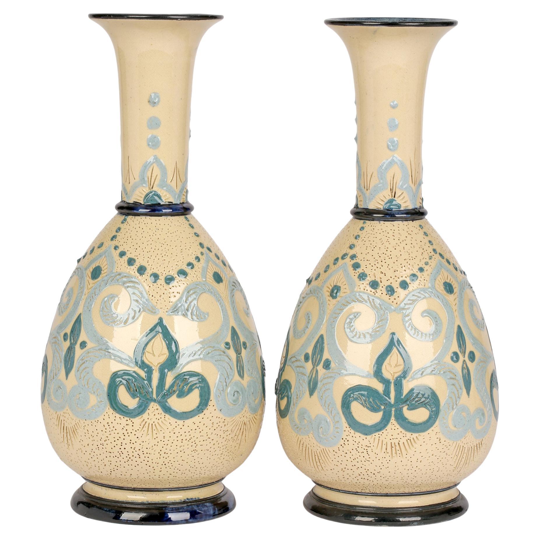 Doulton Lambeth Exceptionally Rare Pair Impasto Arrabian Pattern Vases, 1879 For Sale