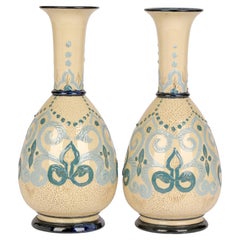 Doulton Lambeth Exceptionally Rare Pair Impasto Arrabian Pattern Vases, 1879