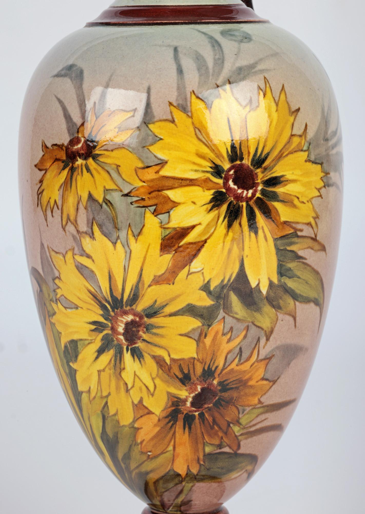 Aesthetic Movement Doulton Lambeth Faience Floral Painted Jug Signed For Sale