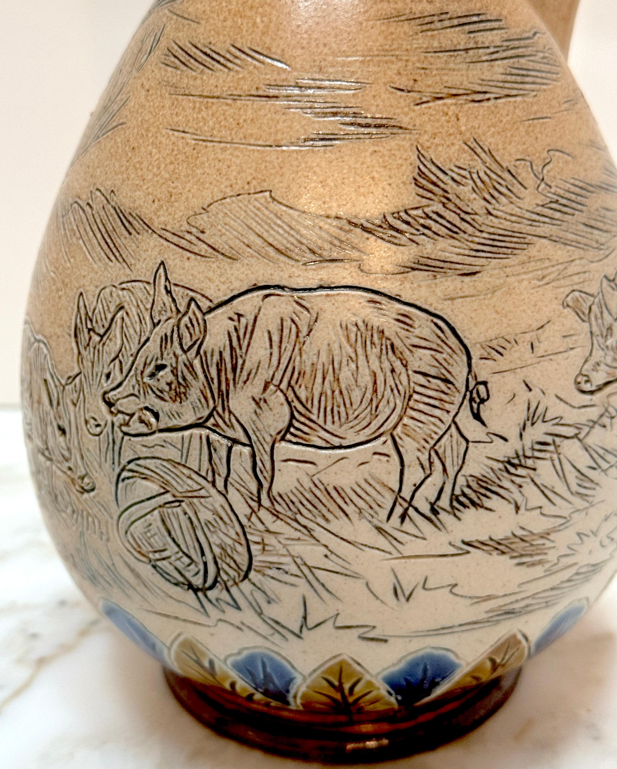Apogée victorien Doulton Lambeth Girl & Pigs in Landscape Jug par Hannah Barlow, et al, 1883 en vente
