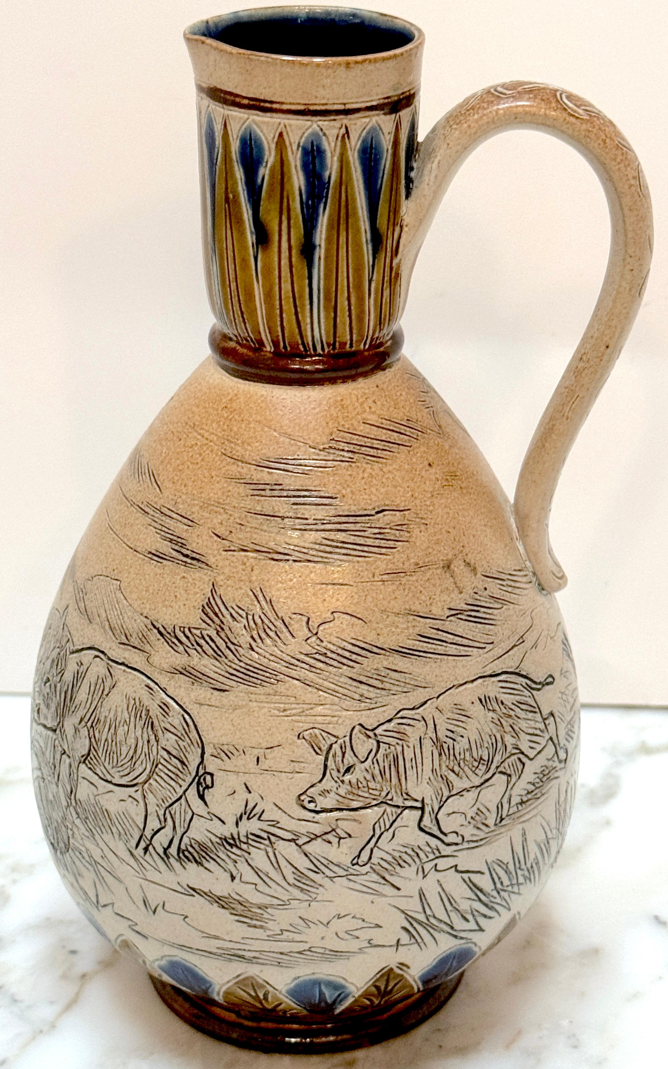 Anglais Doulton Lambeth Girl & Pigs in Landscape Jug par Hannah Barlow, et al, 1883 en vente