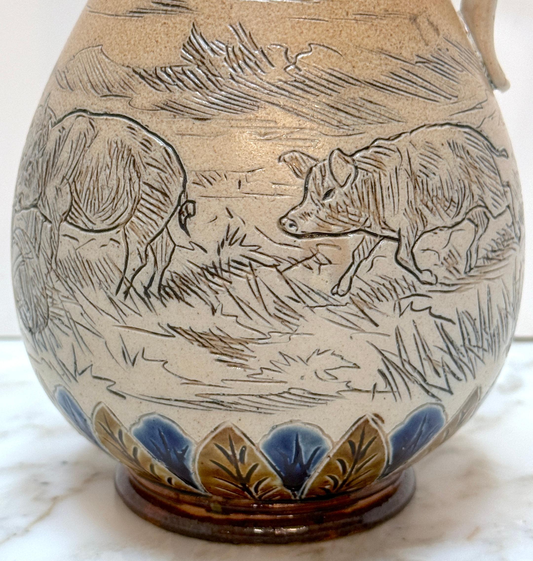 Émaillé Doulton Lambeth Girl & Pigs in Landscape Jug par Hannah Barlow, et al, 1883 en vente
