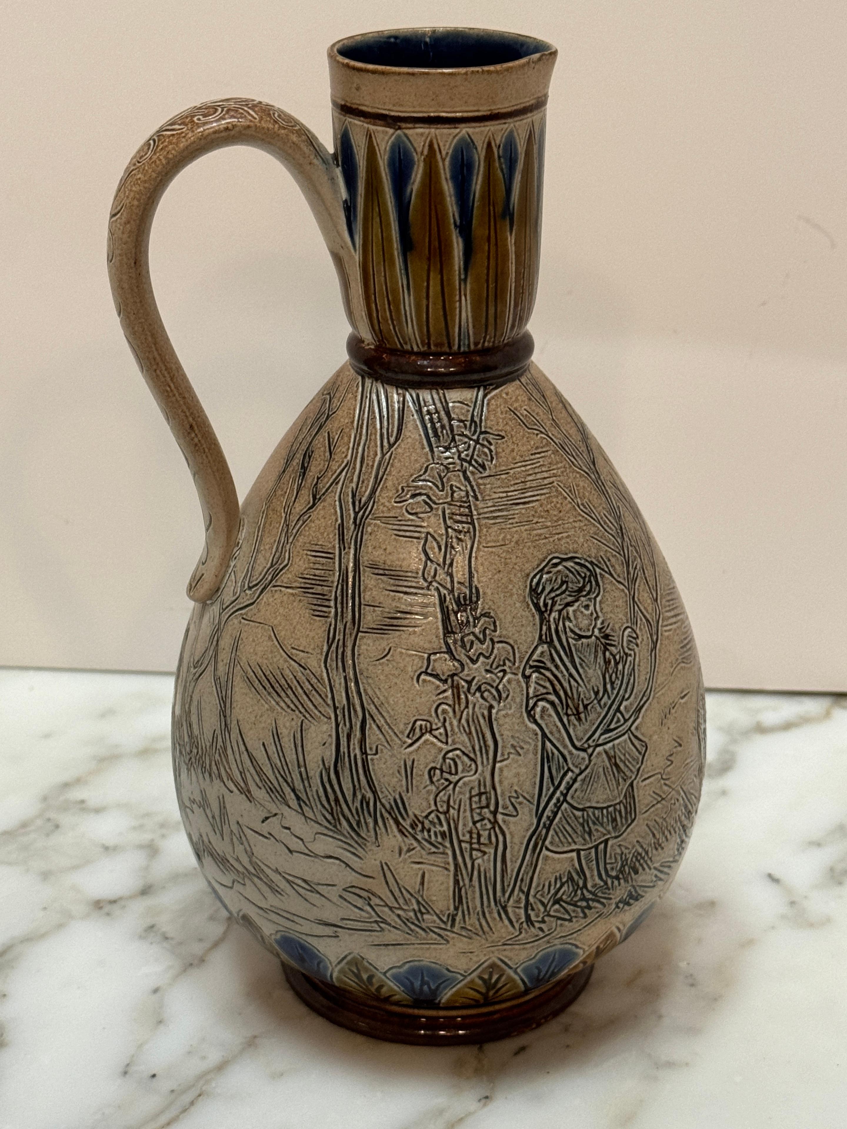 Grès Doulton Lambeth Girl & Pigs in Landscape Jug par Hannah Barlow, et al, 1883 en vente