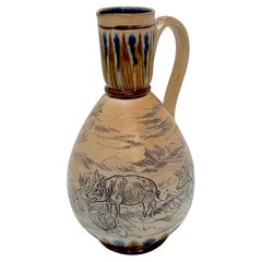 Doulton Lambeth Chica y cerdos en jarra de paisaje de Hannah Barlow, et al, 1883