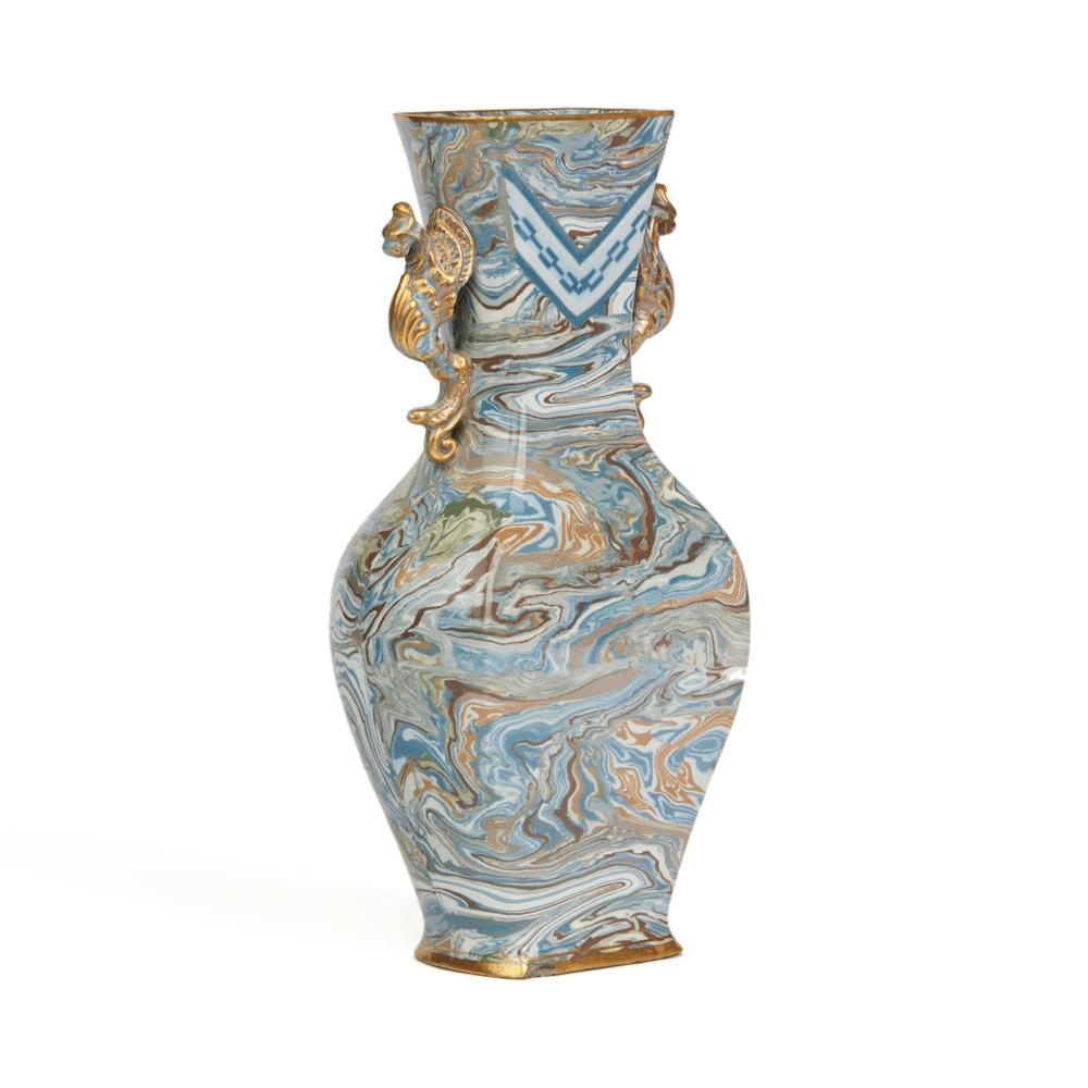 An extremely rare Doulton Lambeth Marqueterie Ware vase of Chinese form with winged dragon handles. The flattened bottle shaped vase has a marbled finish in tones of blue, green, white and brown with gilded handles and edges. The vase has printed