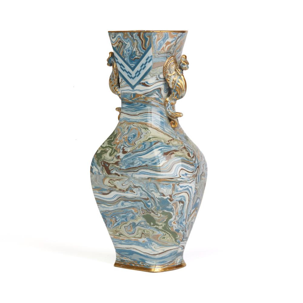 Hand-Painted Doulton Lambeth Maqueterie Dragon Handled Vase, 19th Century