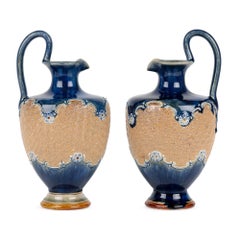 Doulton Lambeth Pair Art Nouveau Art Pottery Handled Ewers