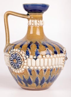 Doulton Lambeth Pair Art Nouveau Beaded Floral Jugs by Eliza Bowen