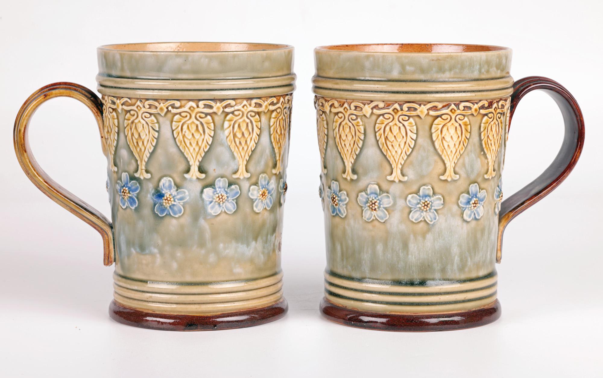 Doulton Lambeth Pair Art Nouveau Floral Design Mugs by Eleanor Tosen  2