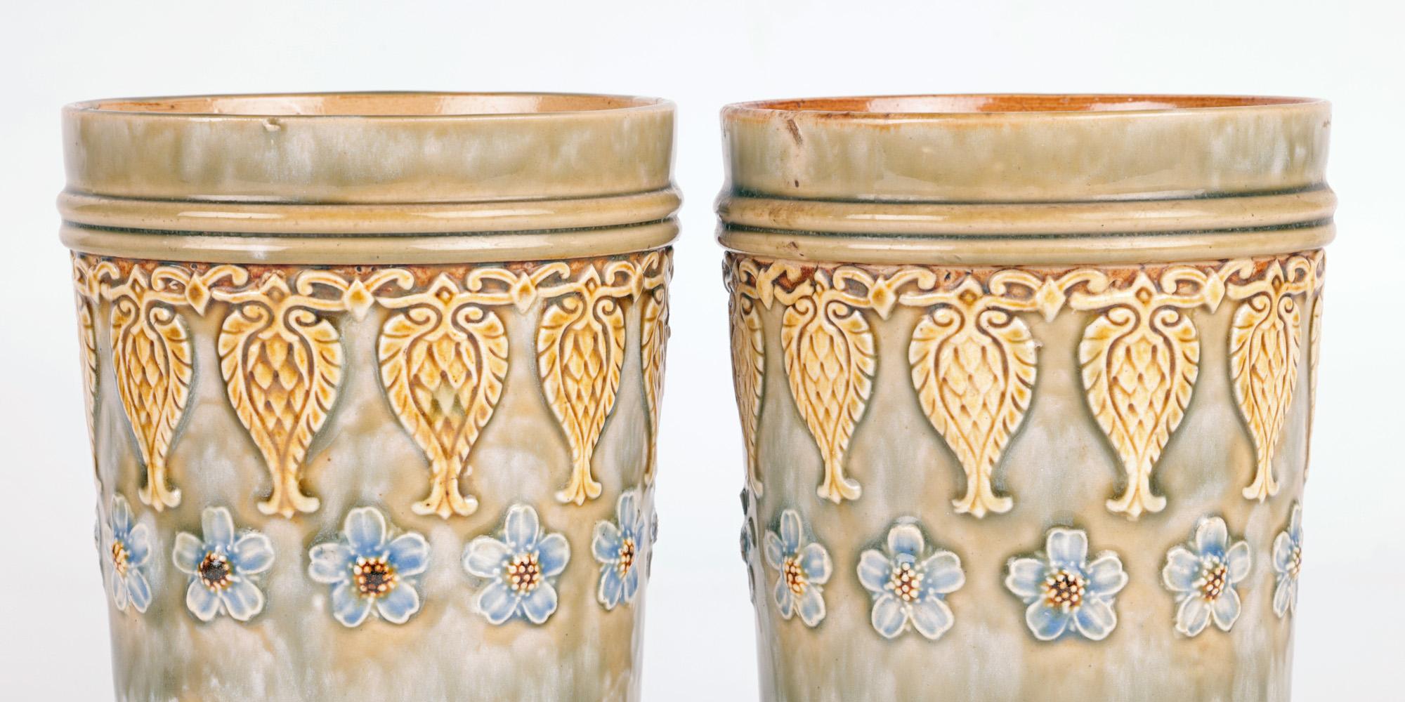 English Doulton Lambeth Pair Art Nouveau Floral Design Mugs by Eleanor Tosen 