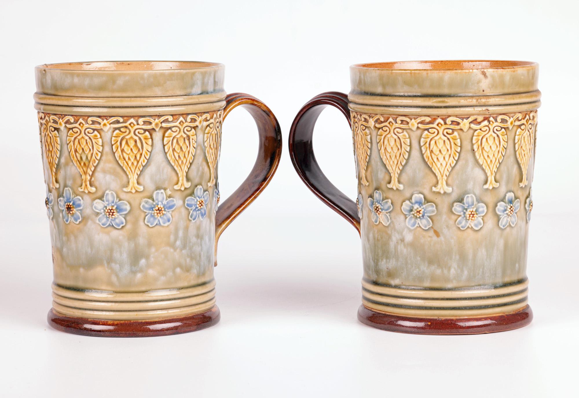 Glazed Doulton Lambeth Pair Art Nouveau Floral Design Mugs by Eleanor Tosen 
