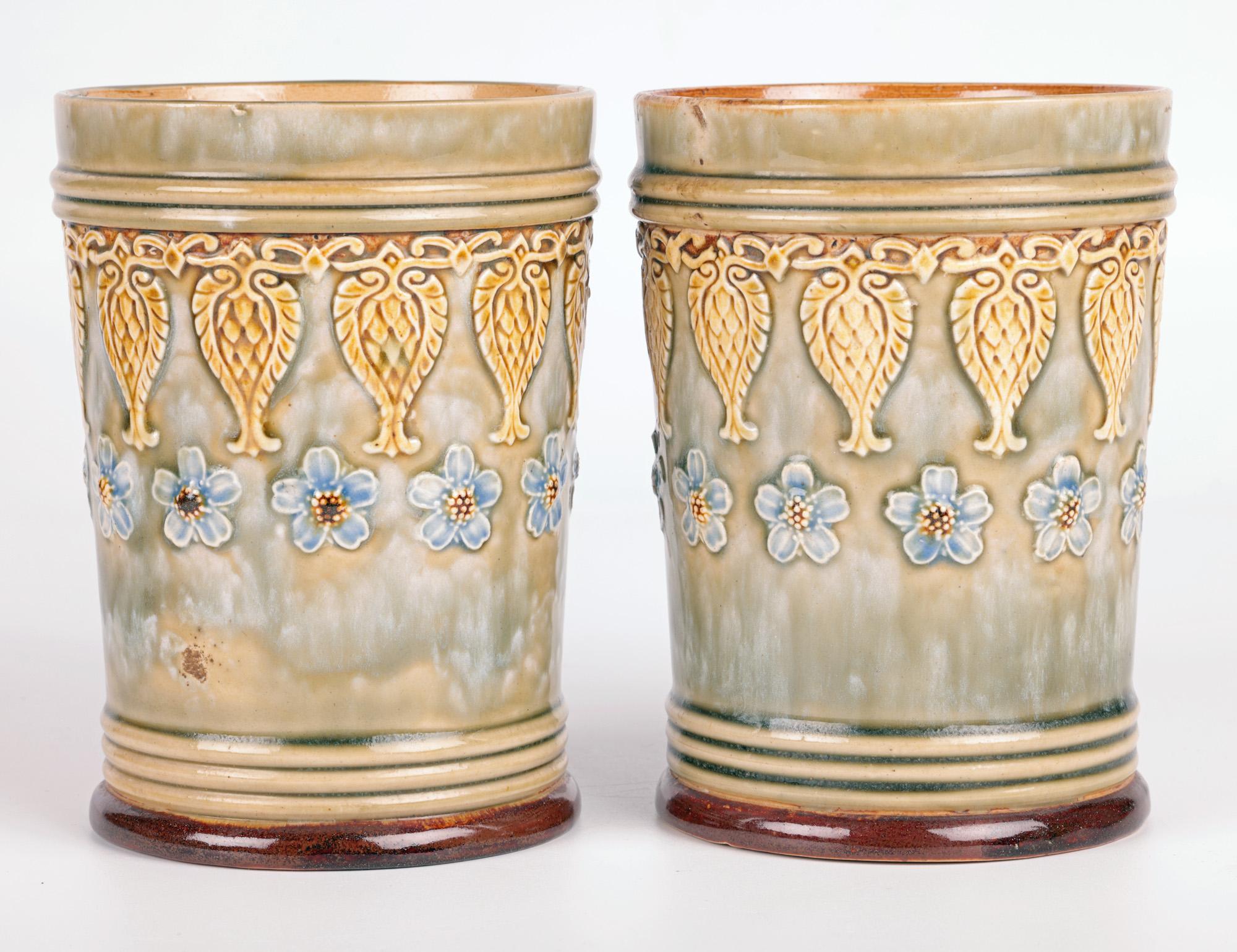 Early 20th Century Doulton Lambeth Pair Art Nouveau Floral Design Mugs by Eleanor Tosen 